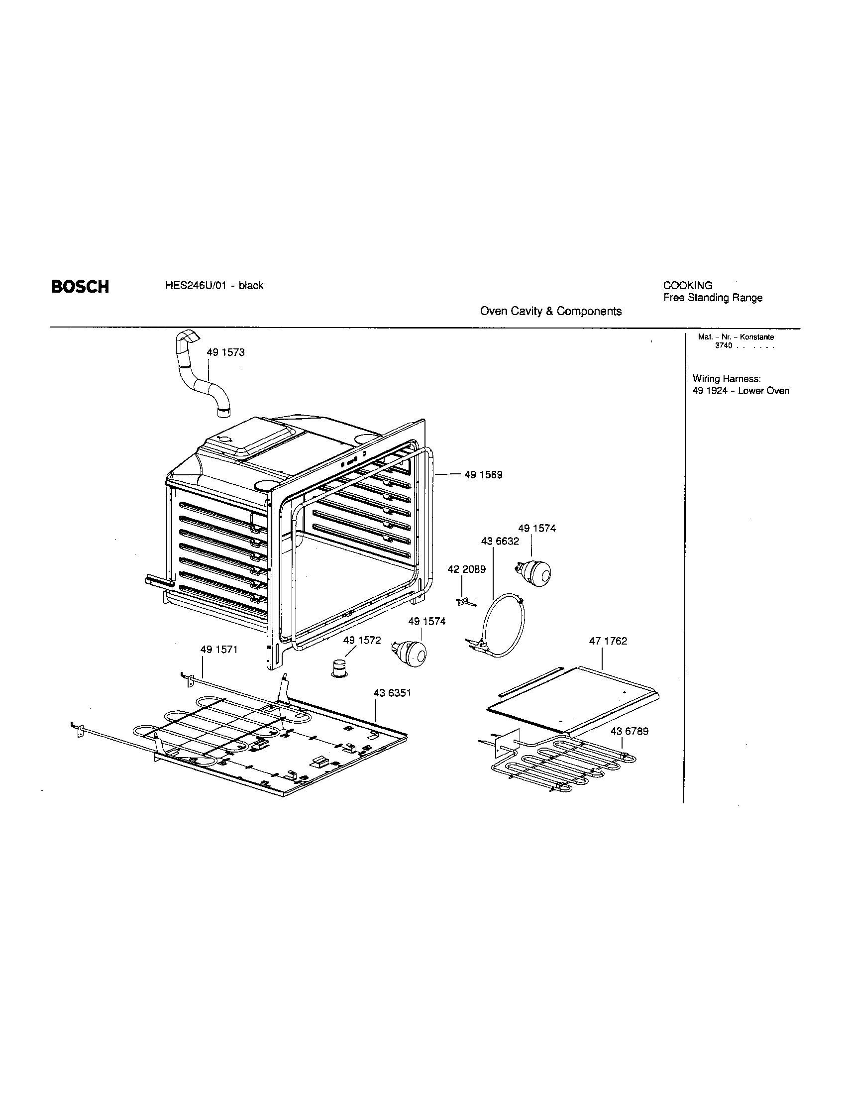 Bosch HES246U/01 oven cavity and components diagram