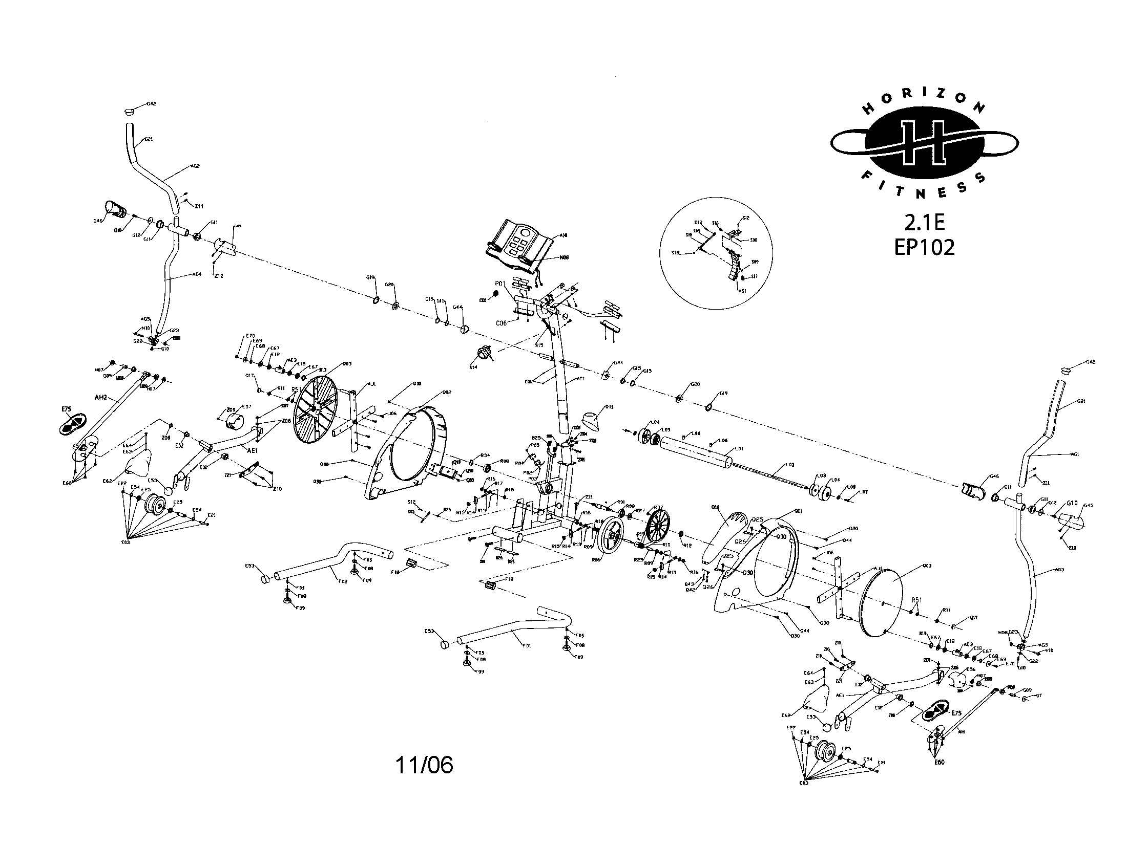 Horizon 2.1E elite elliptical diagram