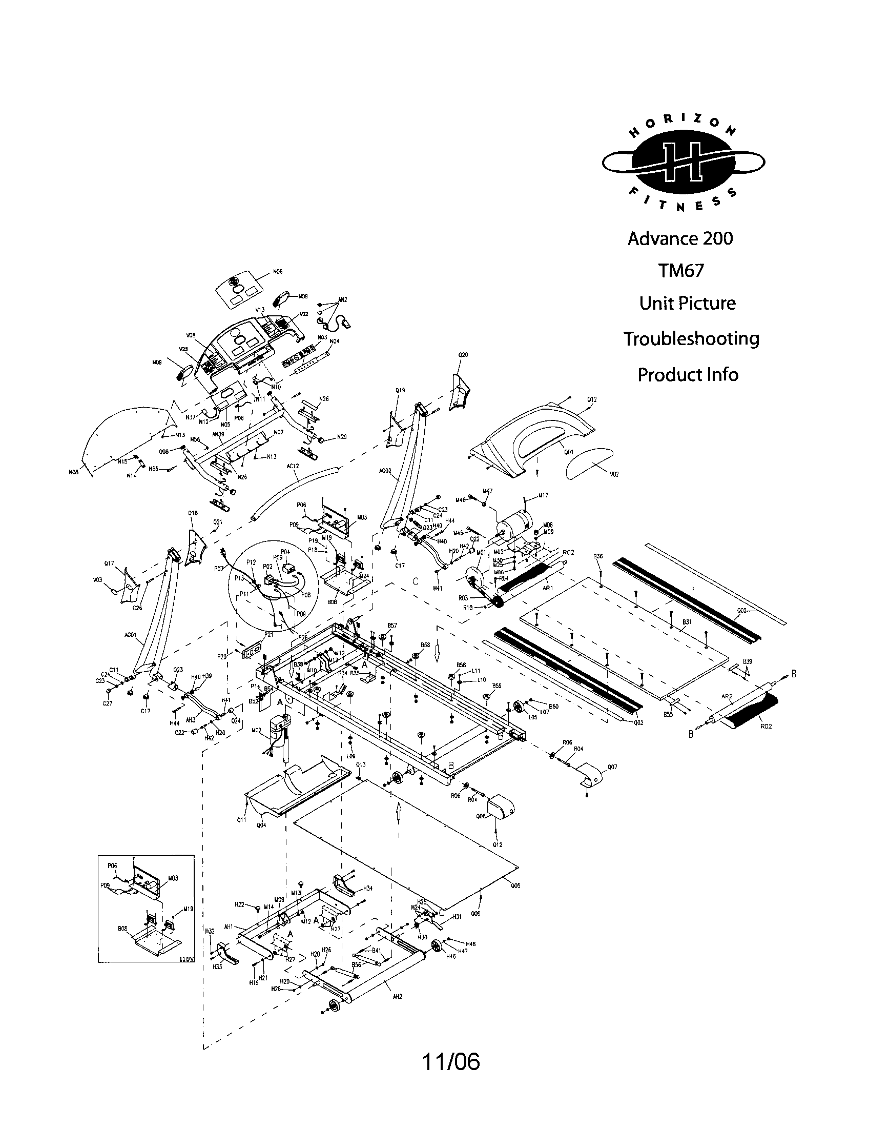 Horizon ADVANCE 200 treadmill assembly diagram