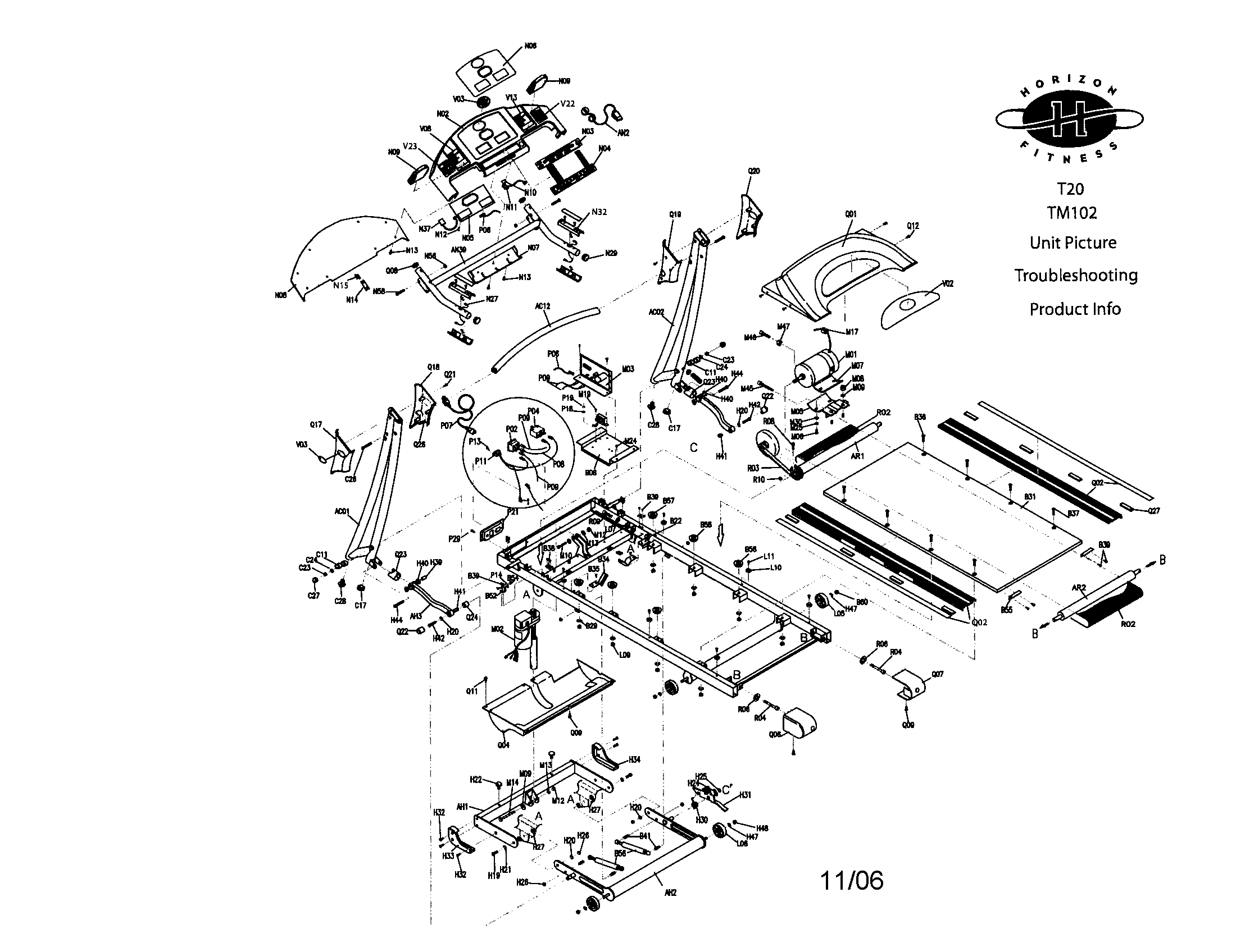 Horizon T20 treadmill assembly diagram