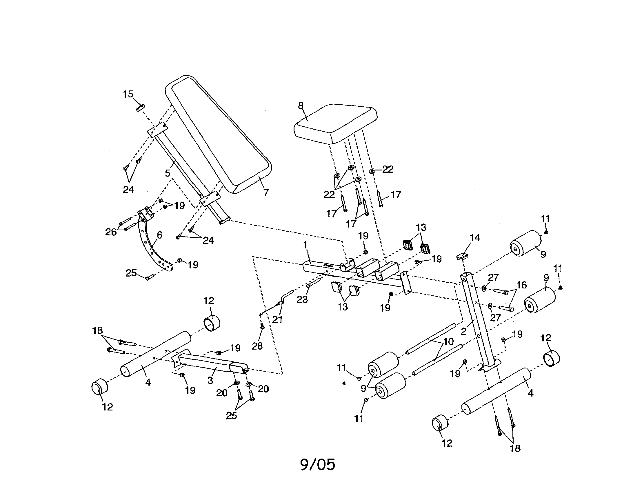Weider 831156000 frame/seat/pads/backrest diagram