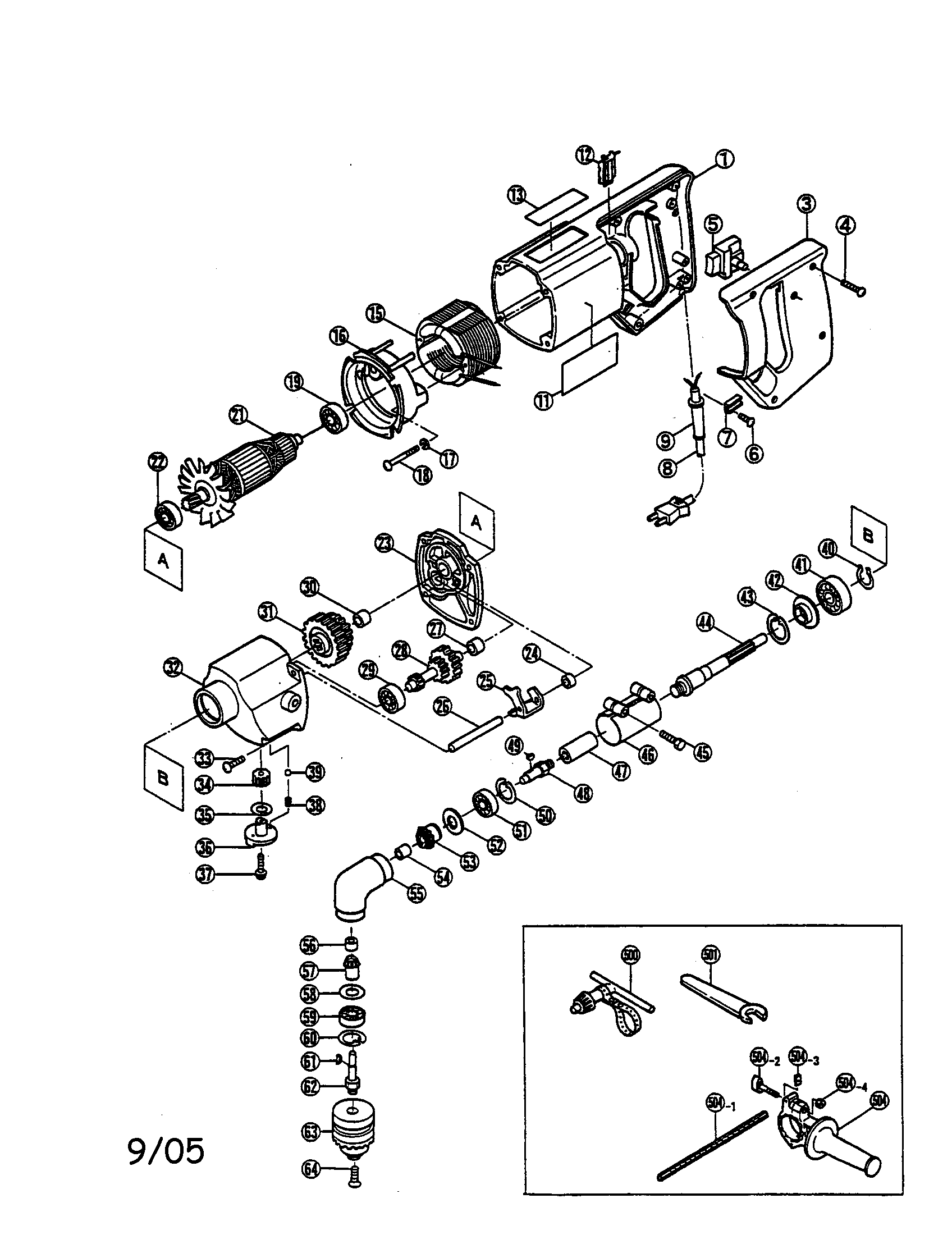 Ryobi D1320RR right angle drill diagram