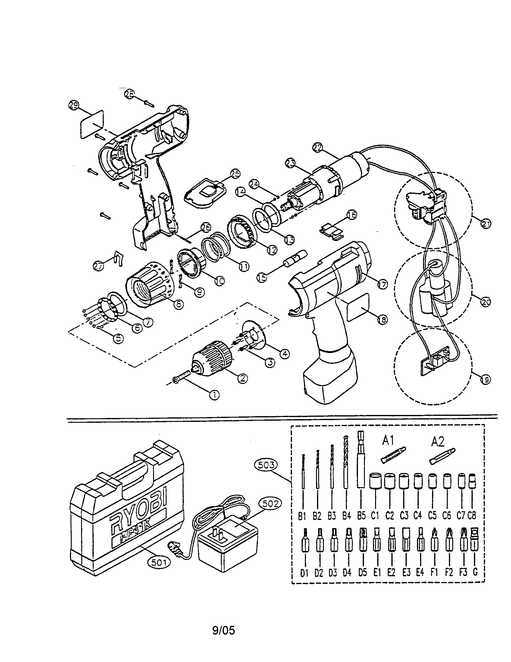 Ryobi HP61K 6v ctr handle drill diagram
