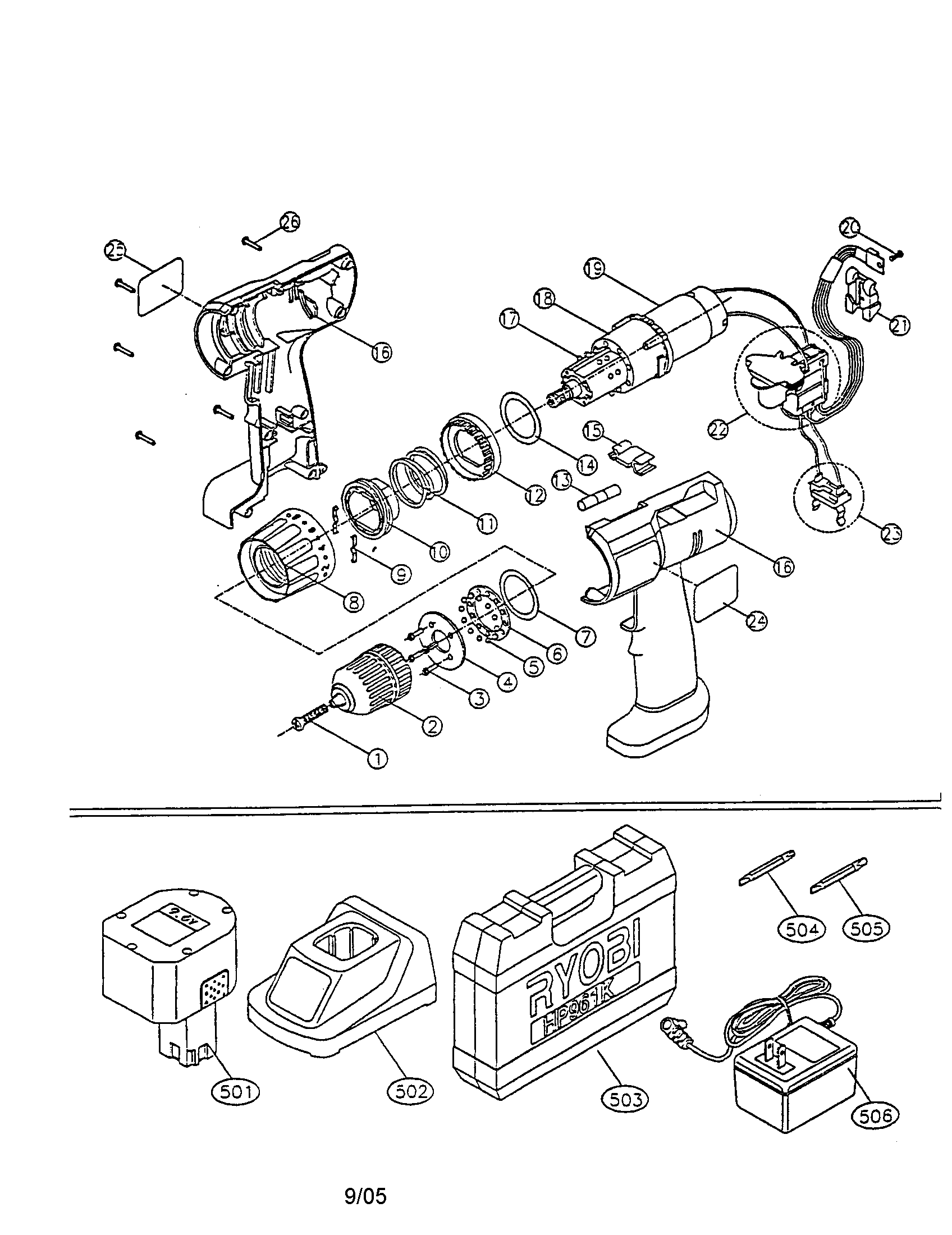 Ryobi HP1201K 9.6v / 12v center handle drill diagram