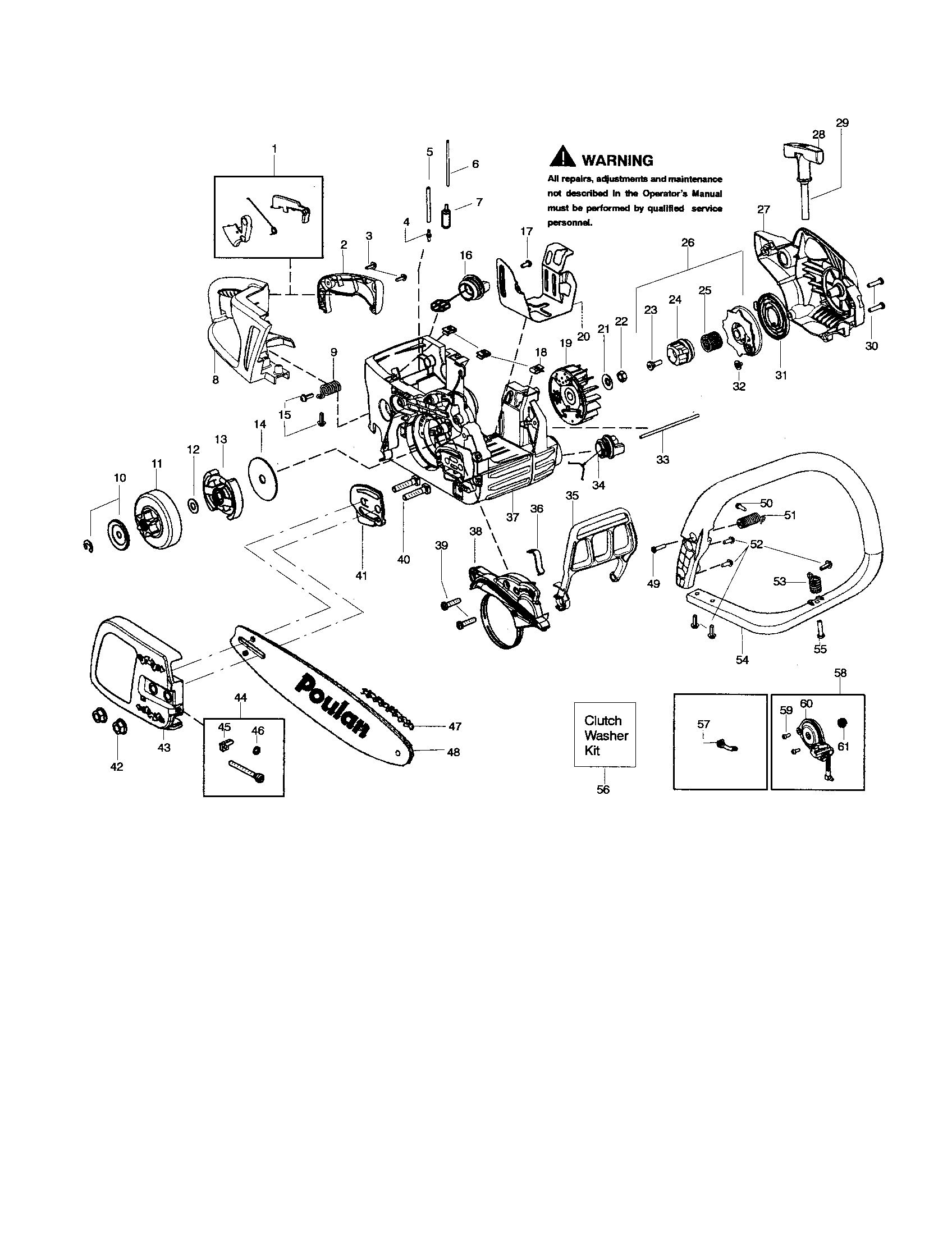 Poulan P3818AV chain/bar/handle/housing diagram