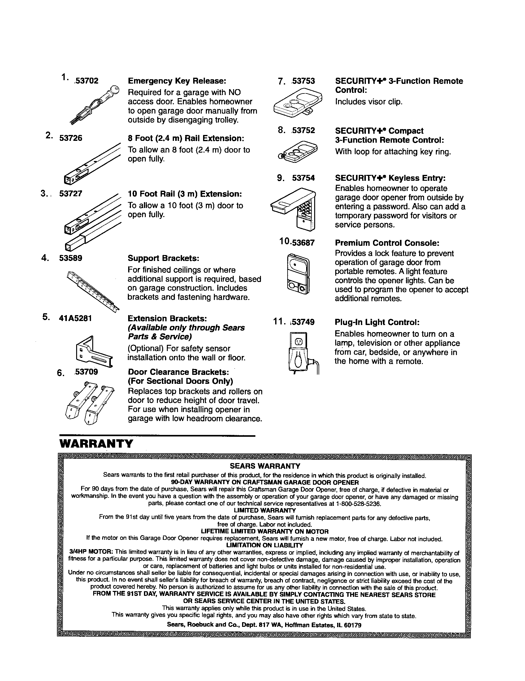 Craftsman 13953990D accessories and warranty diagram