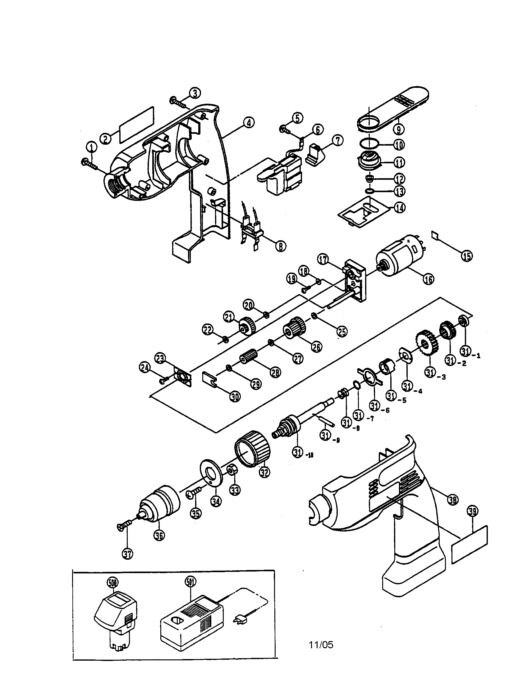 Ryobi TFI-100VR cordless impact drill diagram