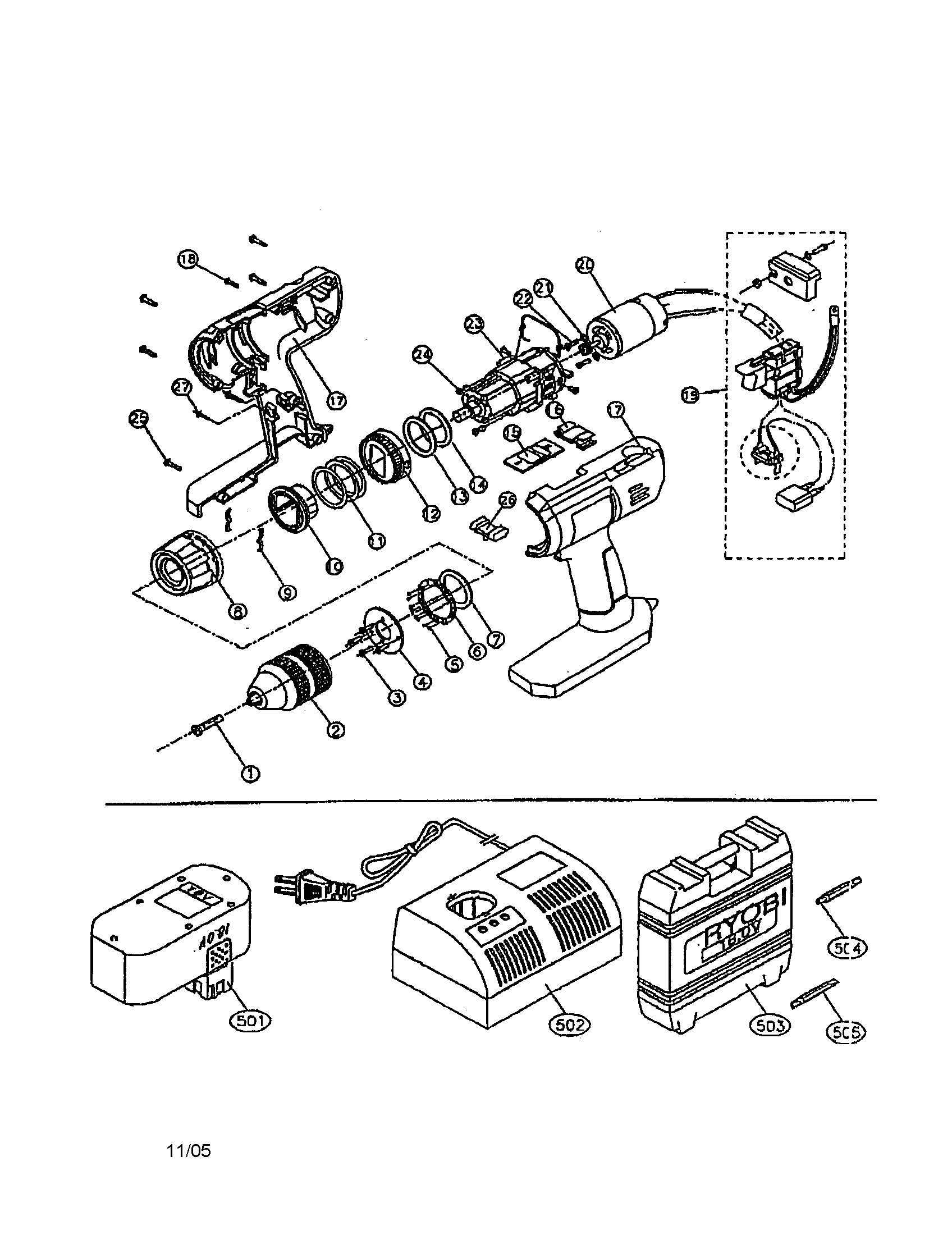 Ryobi R10530K2 18v center handle drill diagram