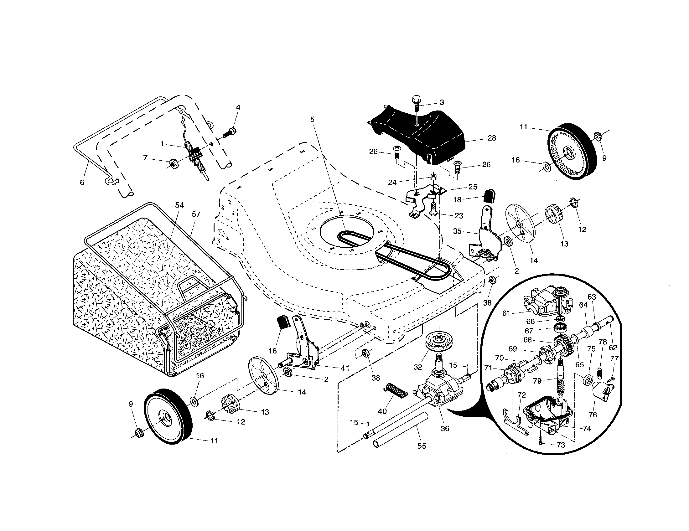 Craftsman 917376080 gear case/wheels/grassbag diagram