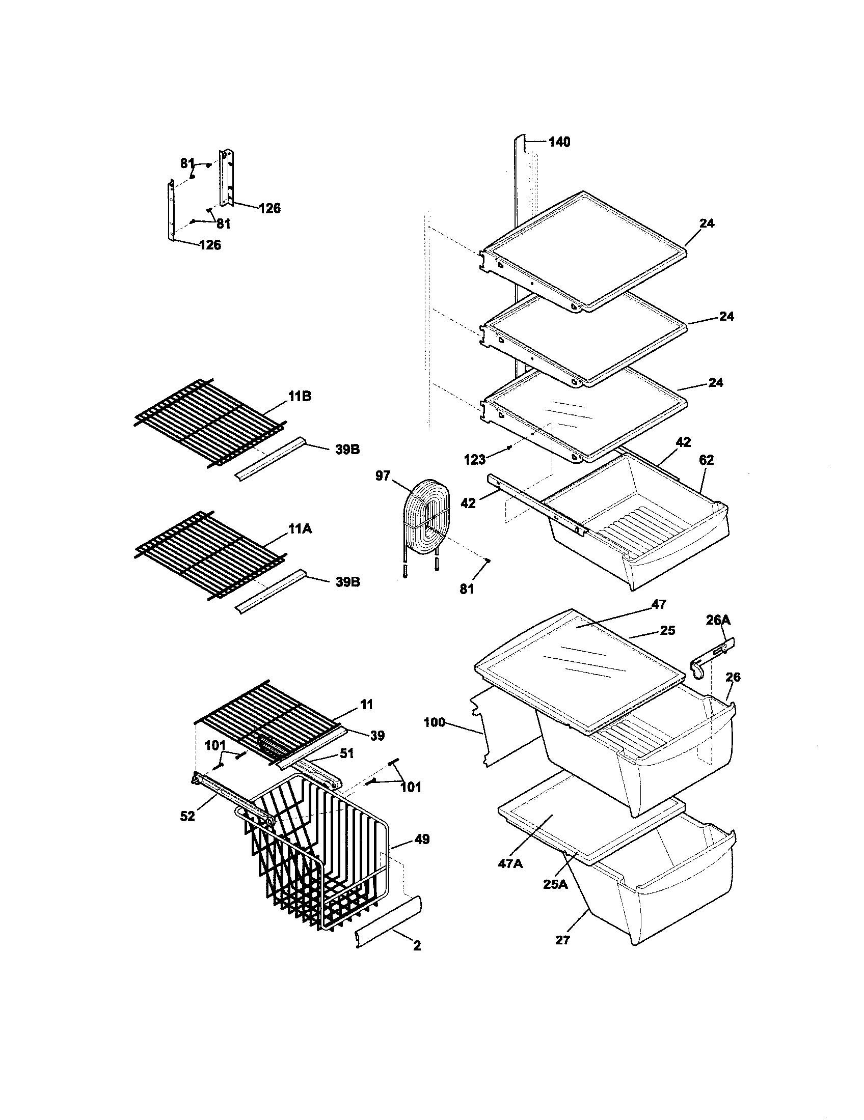 Frigidaire FRS23KF6EW3 shelves diagram