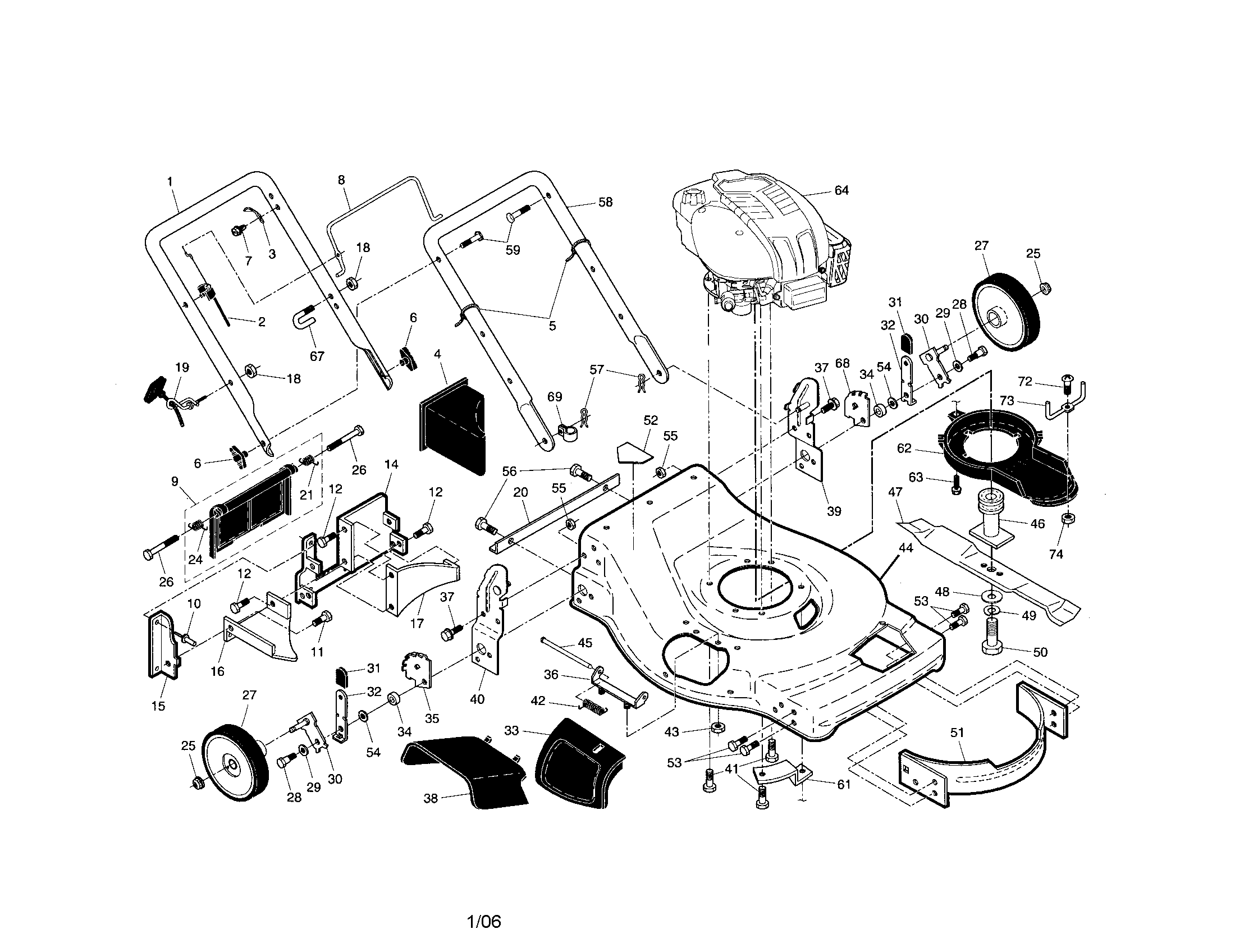 Craftsman 917389892 engine/deck/handle diagram