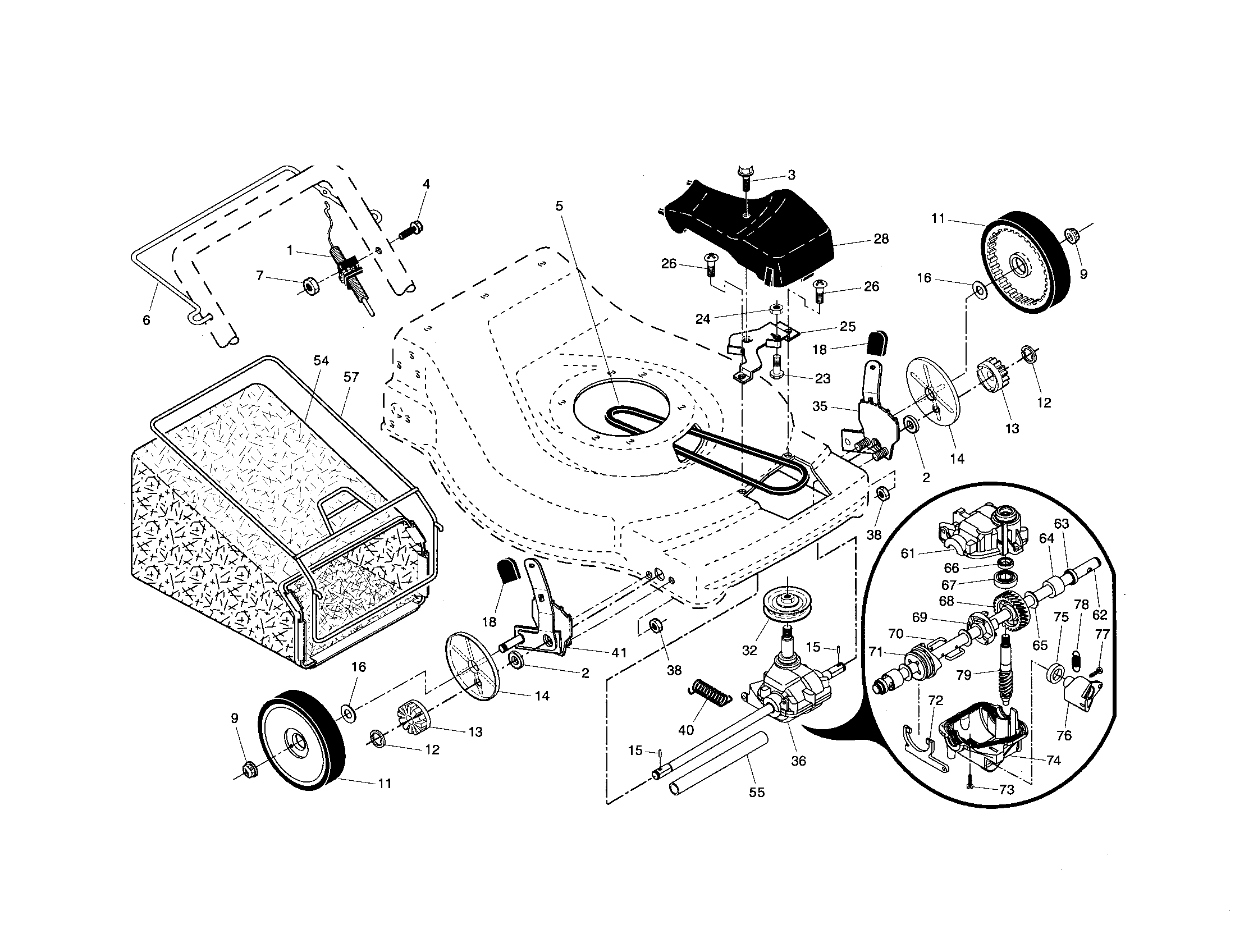Craftsman 917376160 gear case/drive control/grassbag diagram