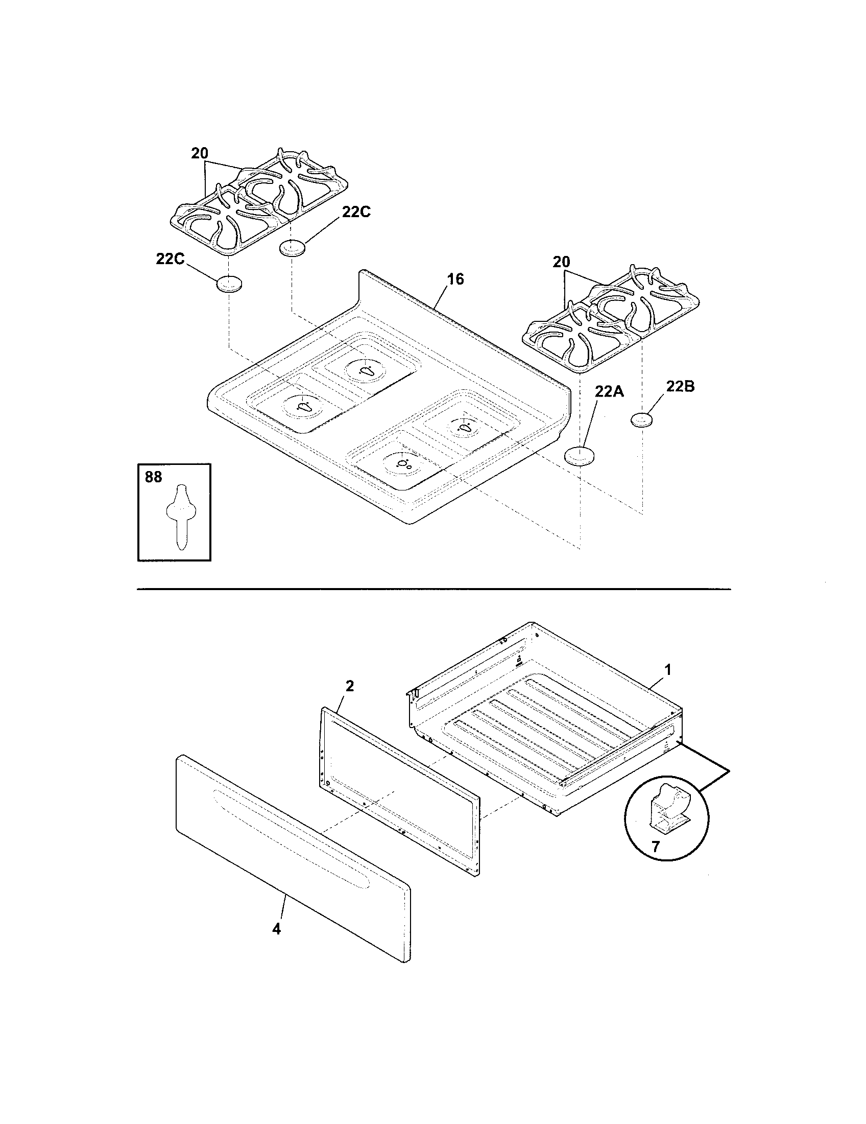 Frigidaire GLGF376DBF top/drawer diagram