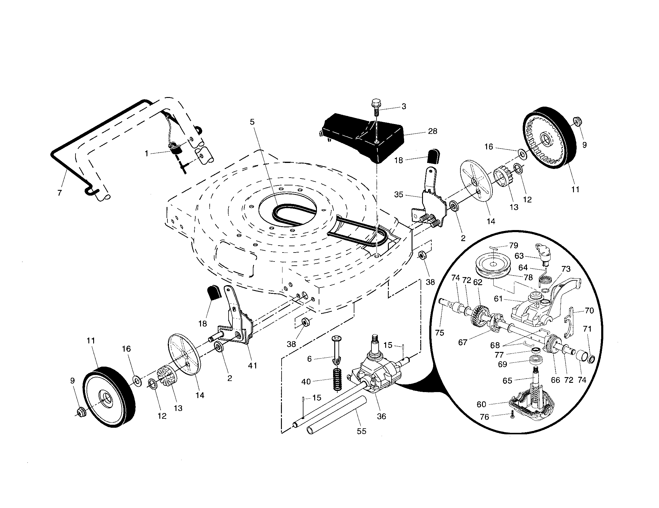 Poulan 96122000501 drive control/gear case/wheels diagram