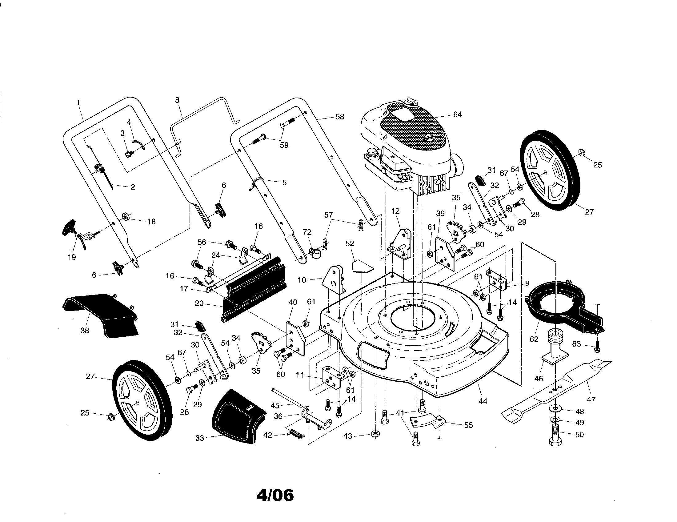 Poulan XT522SHP engine/housing/wheels diagram