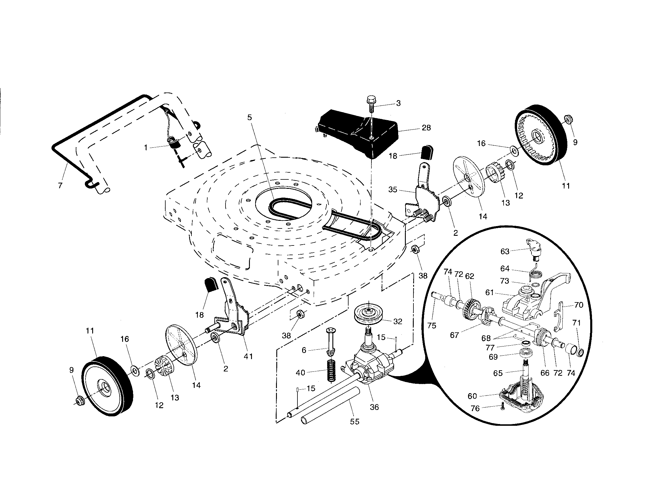 Poulan XT522SHP drive control/gear case/wheels diagram