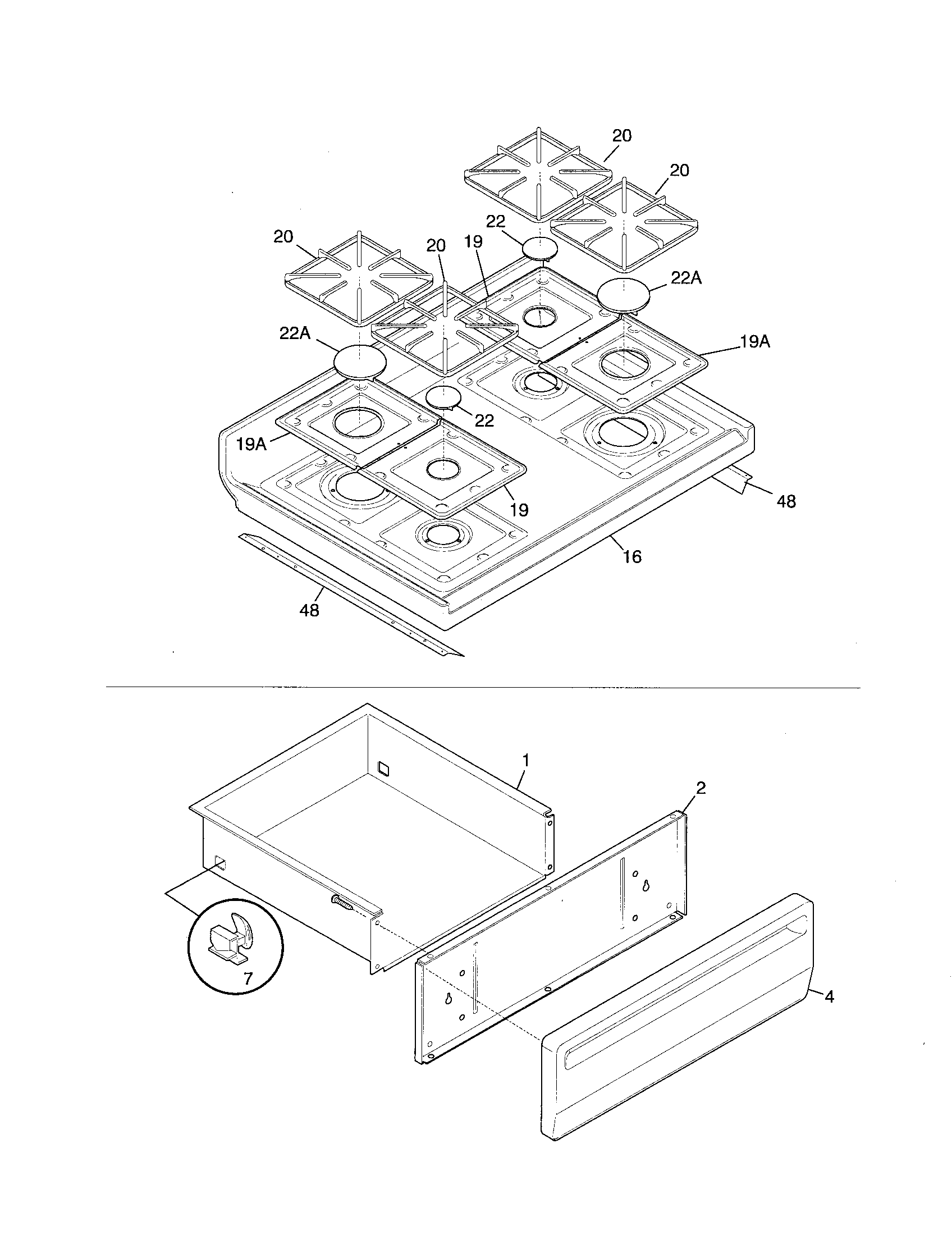 Frigidaire FGF375BHBB top/drawer diagram