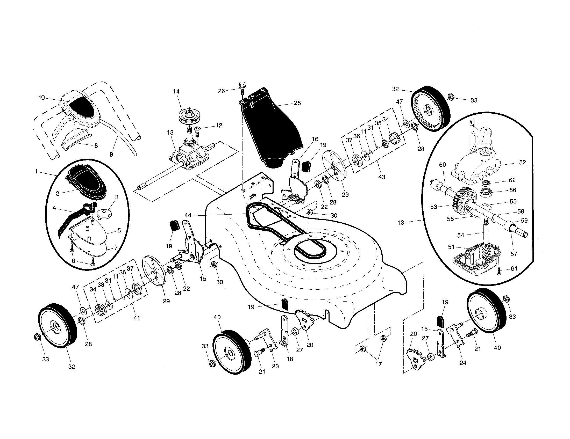 Poulan 96142002300 drive control/gear case/wheels diagram