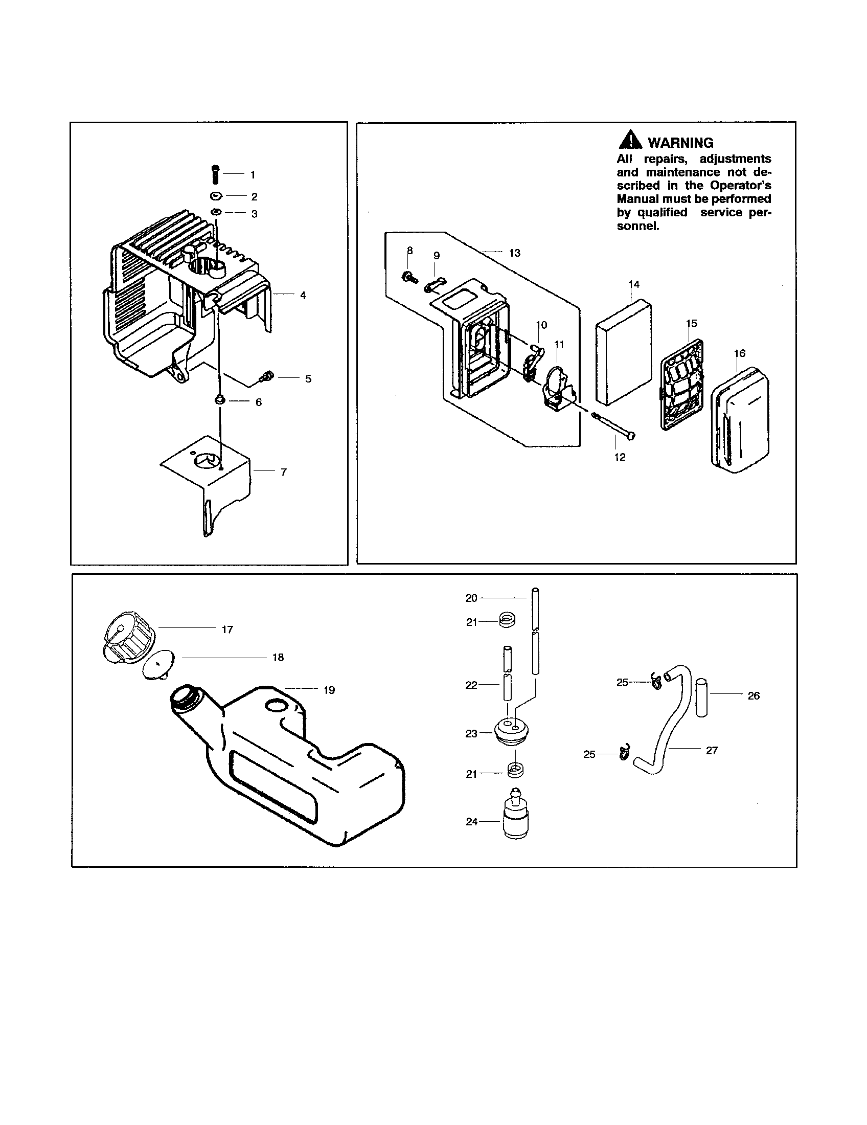 Poulan BP402LE air filter case/shroud/fuel tank diagram