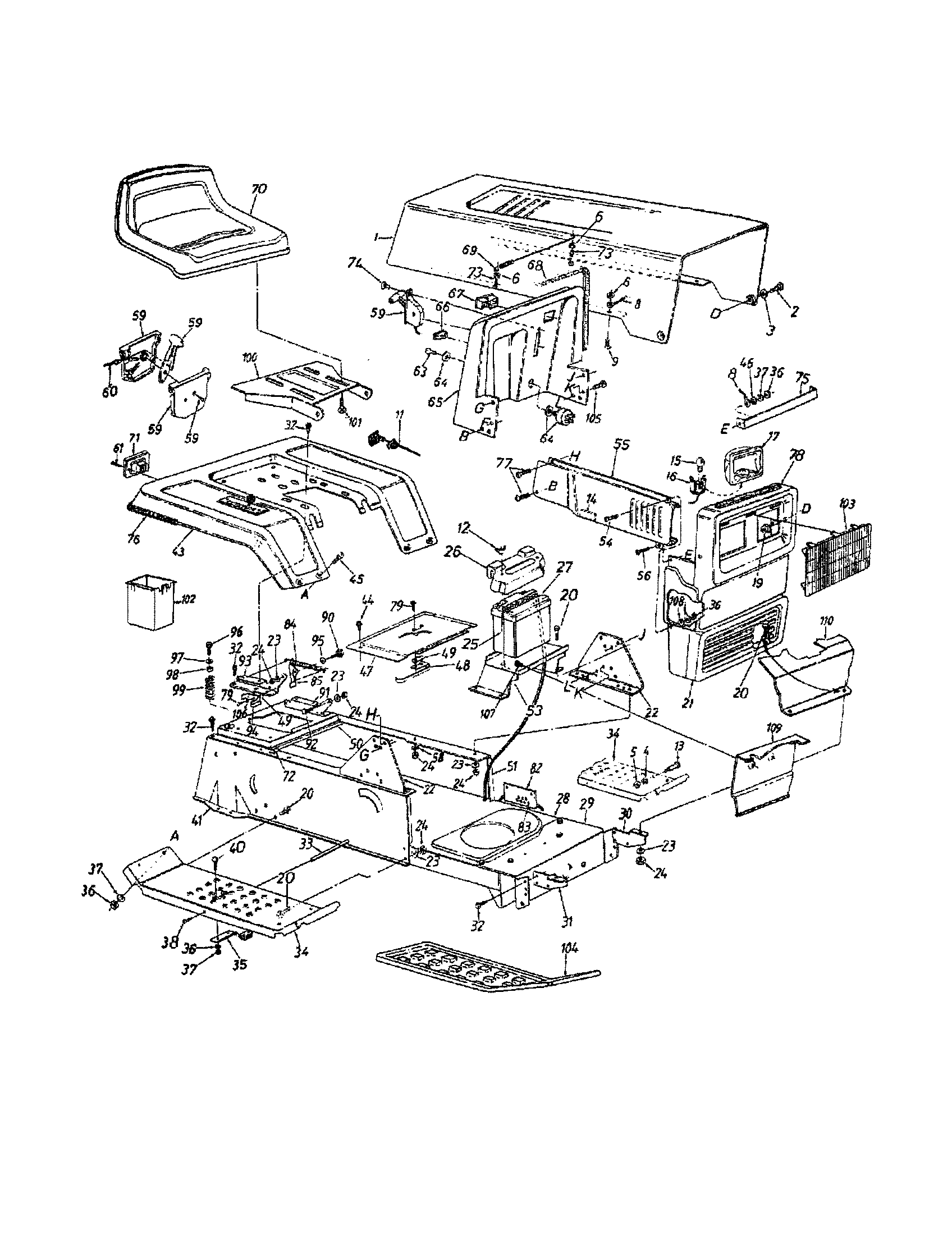 MTD TMO-33931A seat/hood/side frame diagram