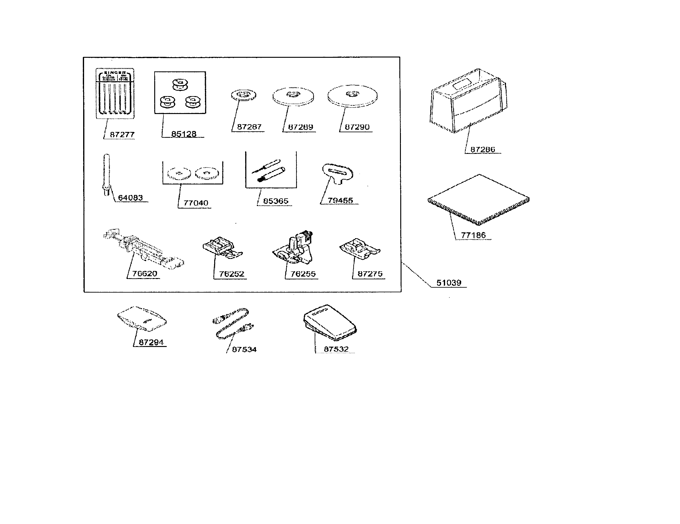 Singer 7442CL accessory set diagram