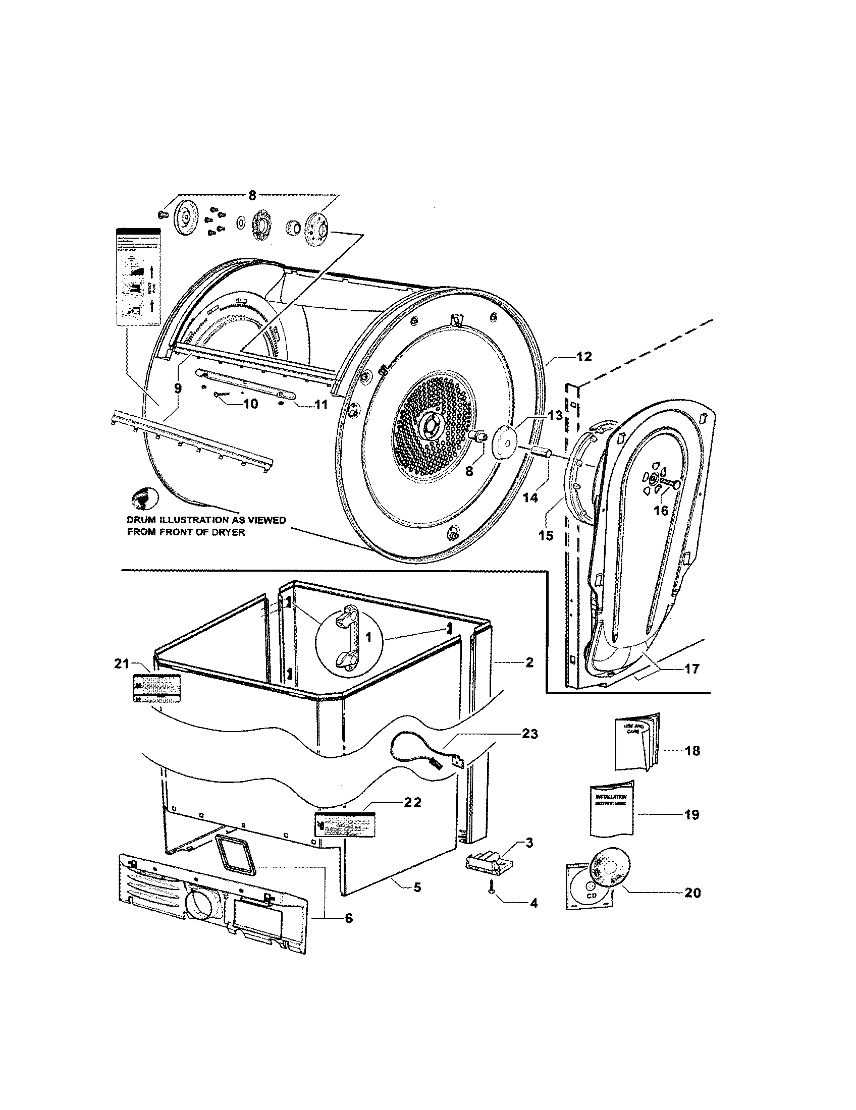Fisher & Paykel DGIX2-96106A cabinet/drum/inlet duct diagram