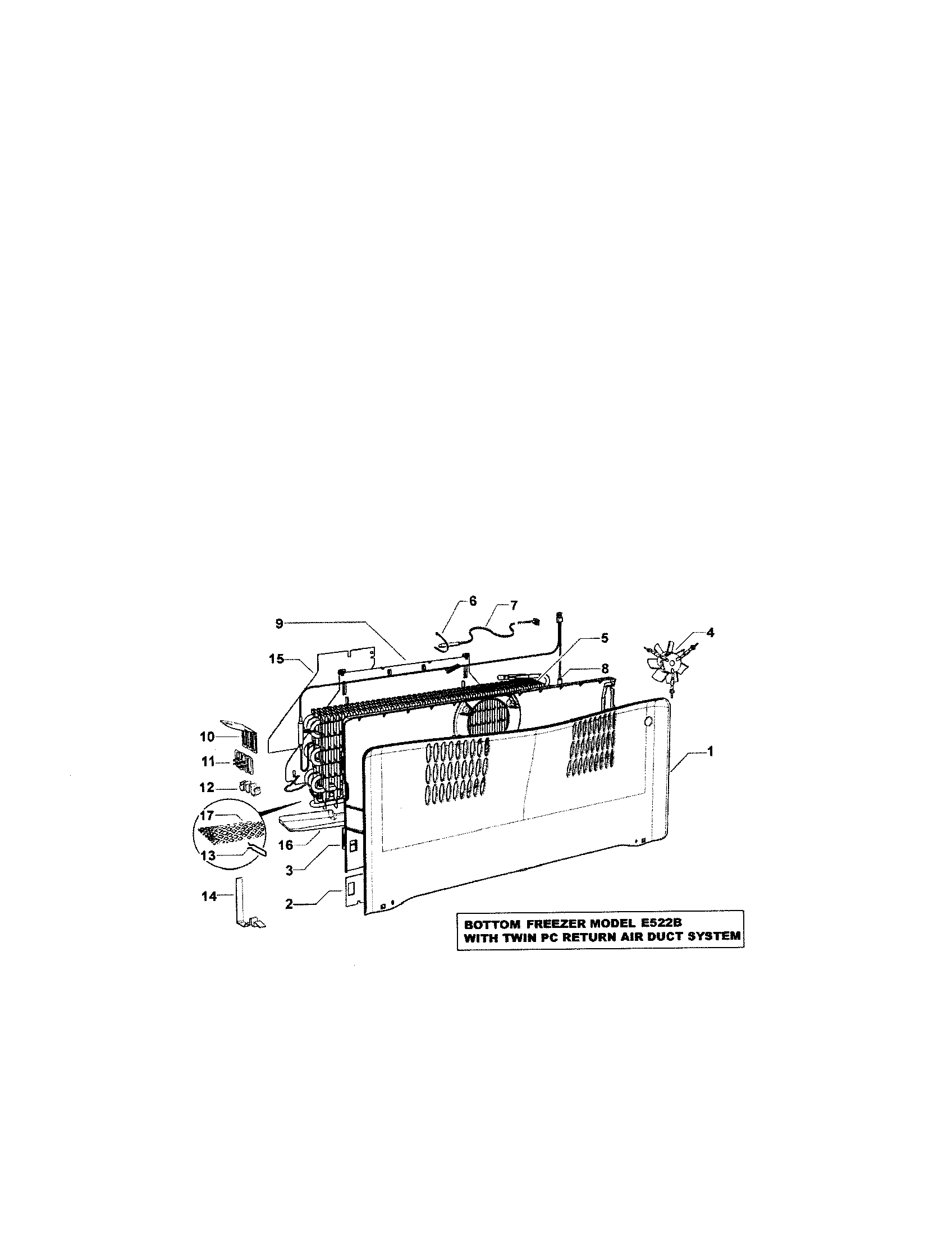 Fisher & Paykel E522A-21767A fan/covers/evaporator diagram