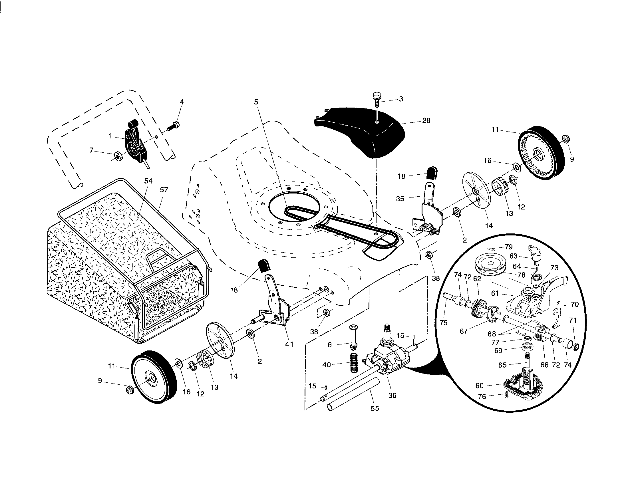 Poulan 96142002101 drive control/gear case/wheels diagram
