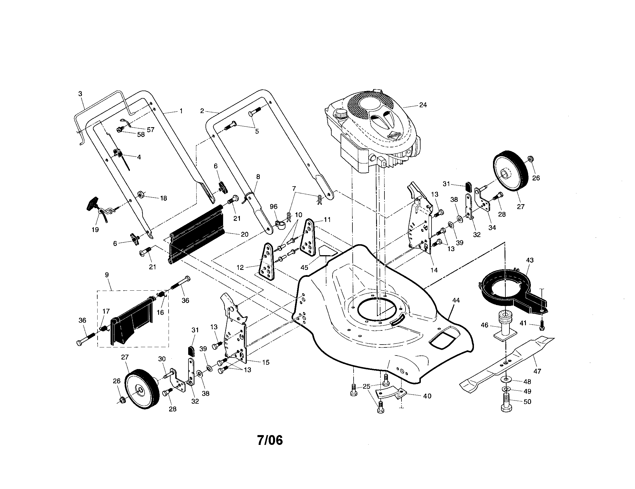 Poulan 96146000201 engine/housing/handle diagram