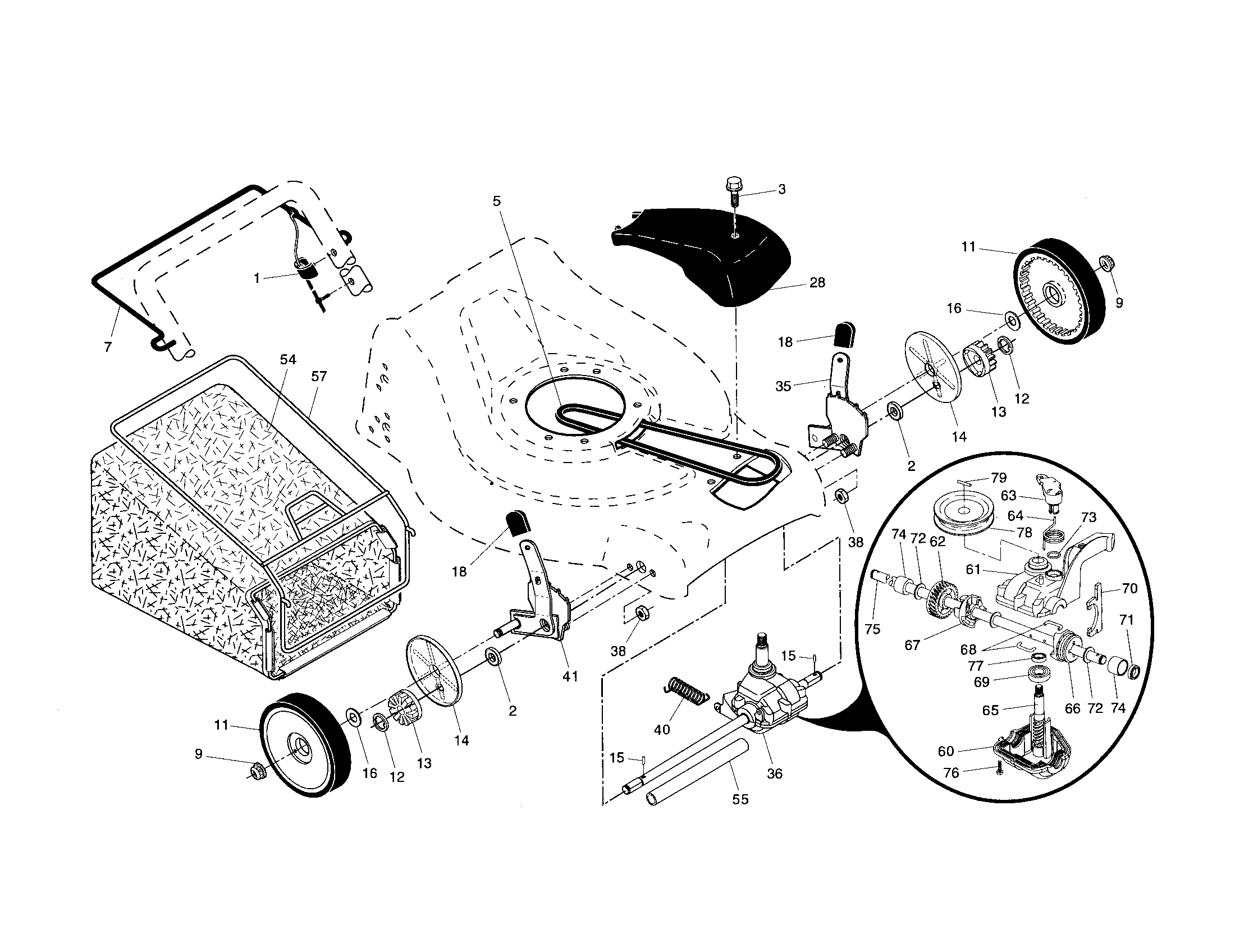 Poulan 96146000201 drive control/gear case/wheels diagram