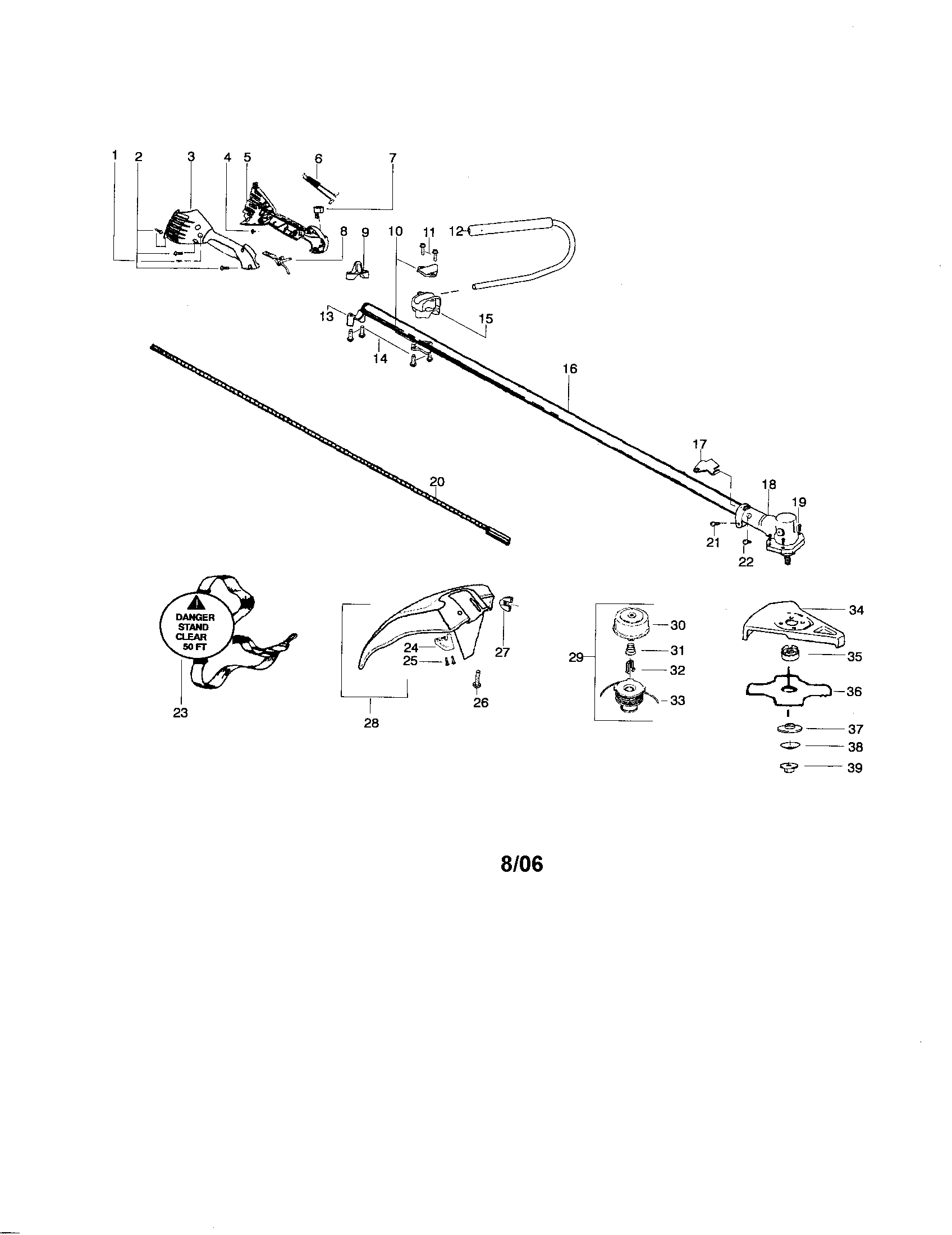 Weed Eater BC3150 driveshaft/shield/handlebar diagram