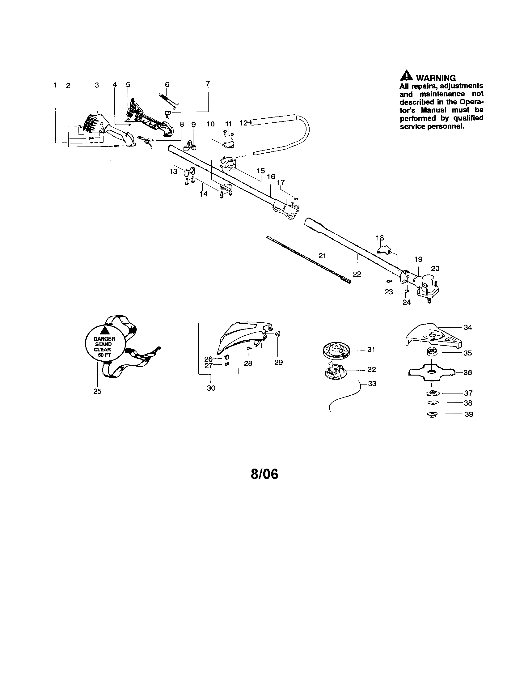 Poulan PPB300E driveshaft/handle/shield diagram