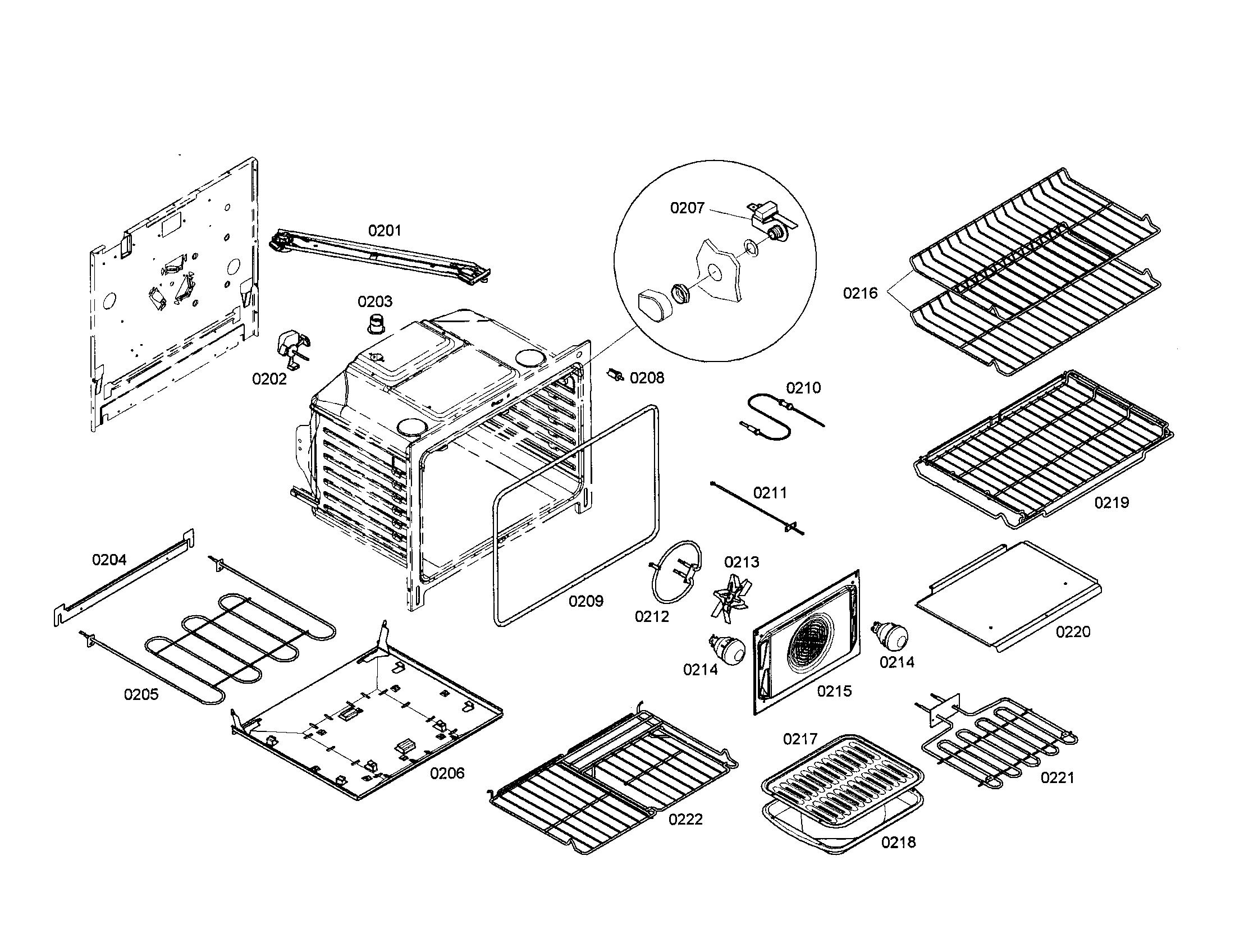 Bosch HEI7052U/01 cabinet/burner/racks diagram