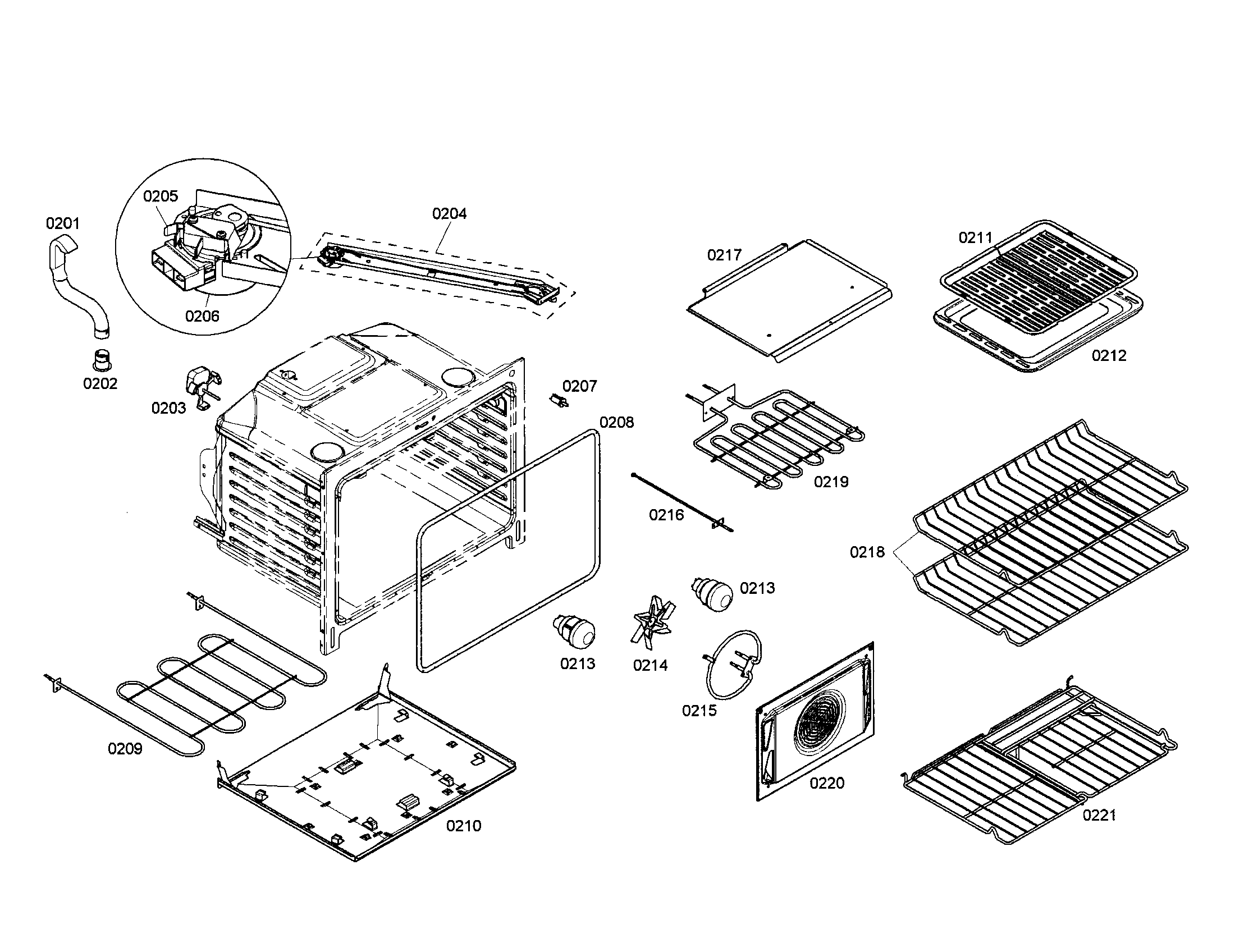 Bosch HES7052U/01 cabinet/burner/broil diagram