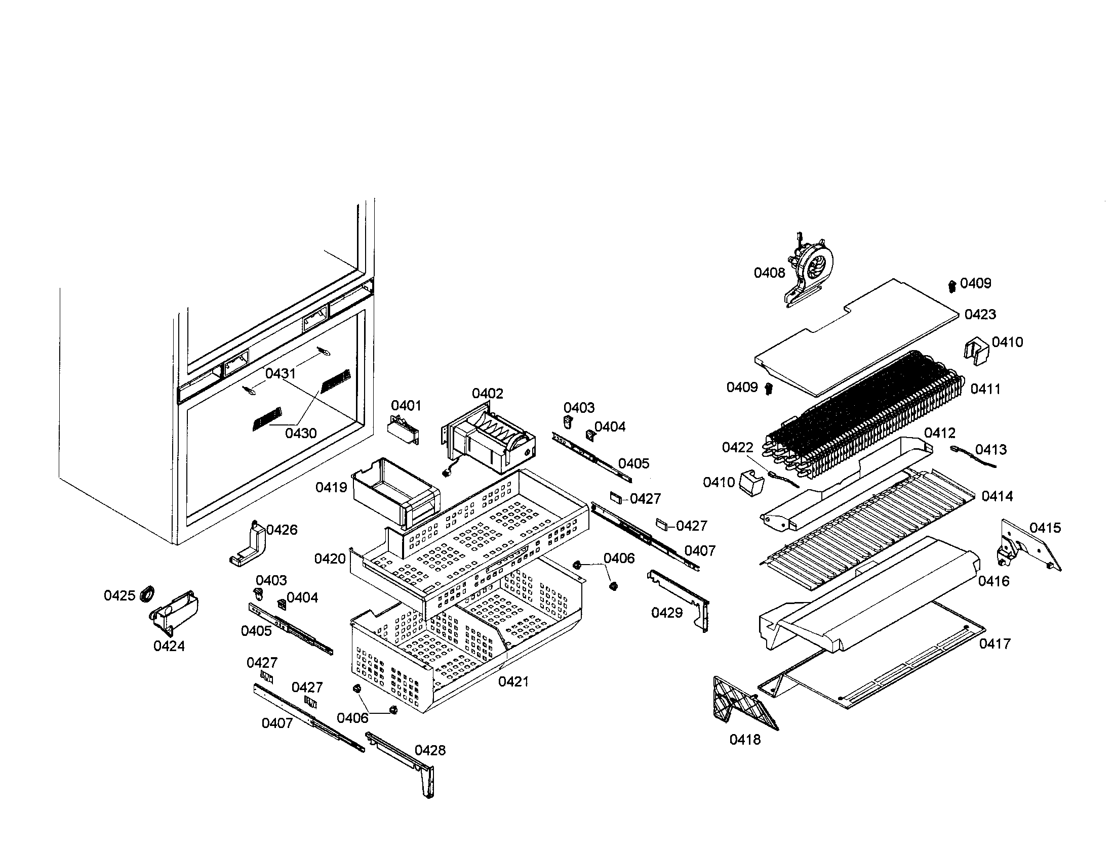 Thermador T36IB70NSP/04 evaporator/freezer basket diagram
