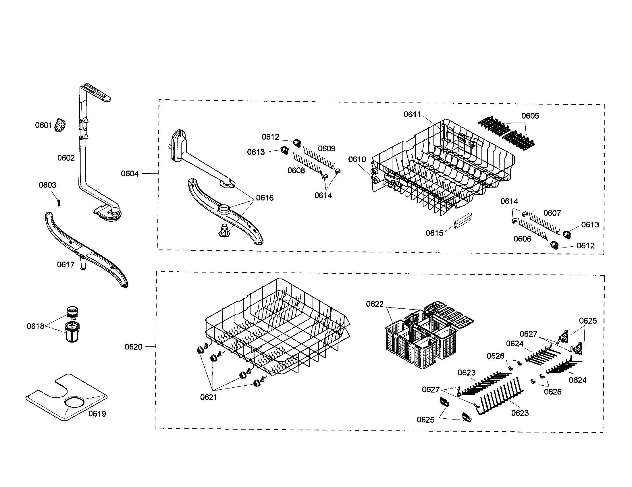 Kenmore Elite 63016304402 racks/spray arm diagram
