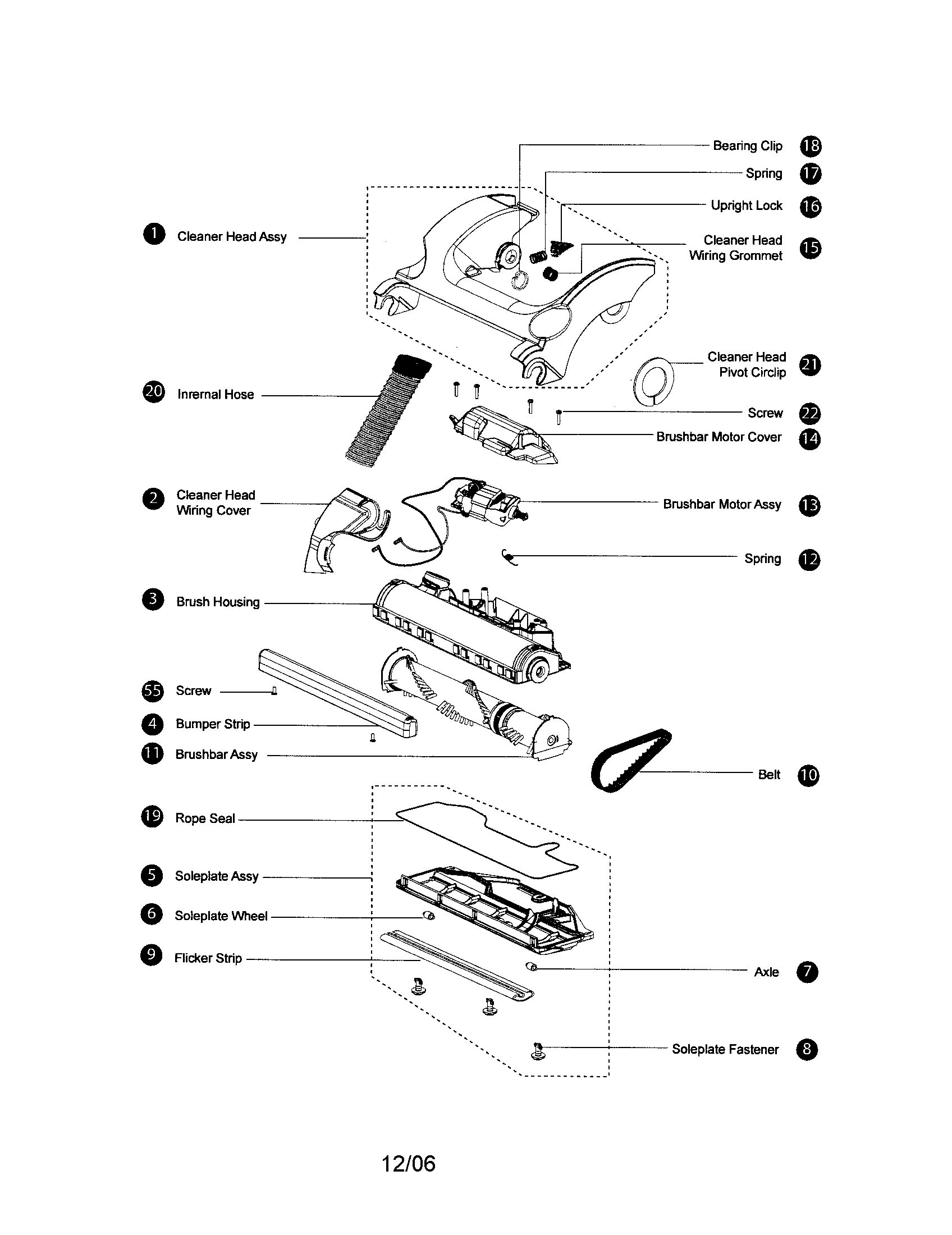 Dyson DC17 cleaner head/soleplate diagram