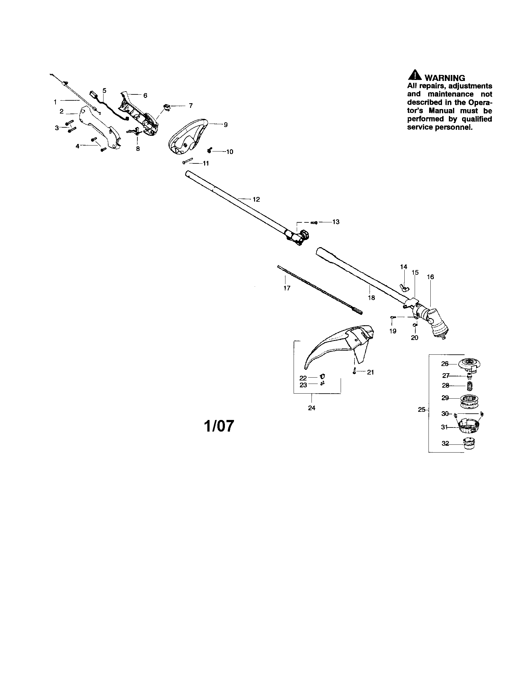 Poulan PP125 driveshaft/shield/handle diagram