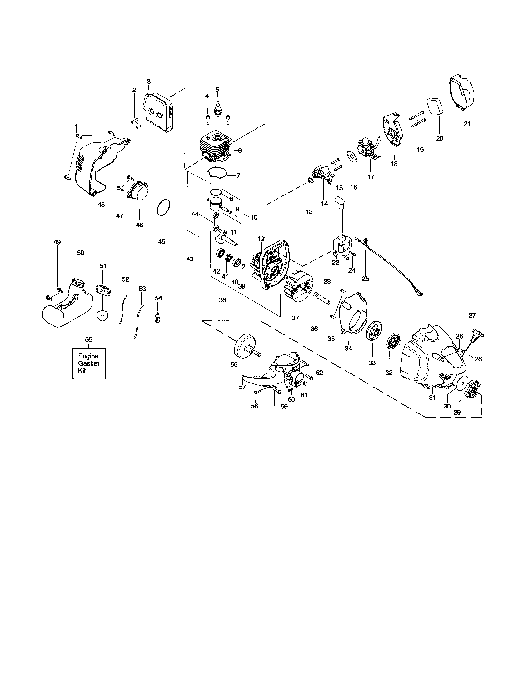 Poulan PP125 cylinder/crankshaft/crankcase diagram