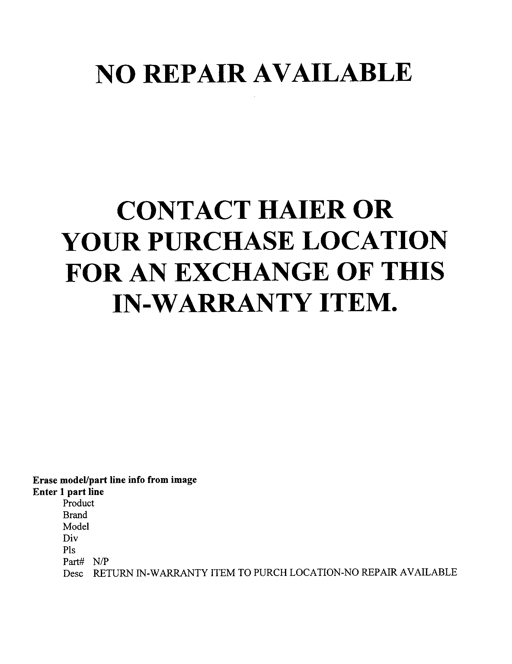 Haier AWCE44FRS no repair available diagram