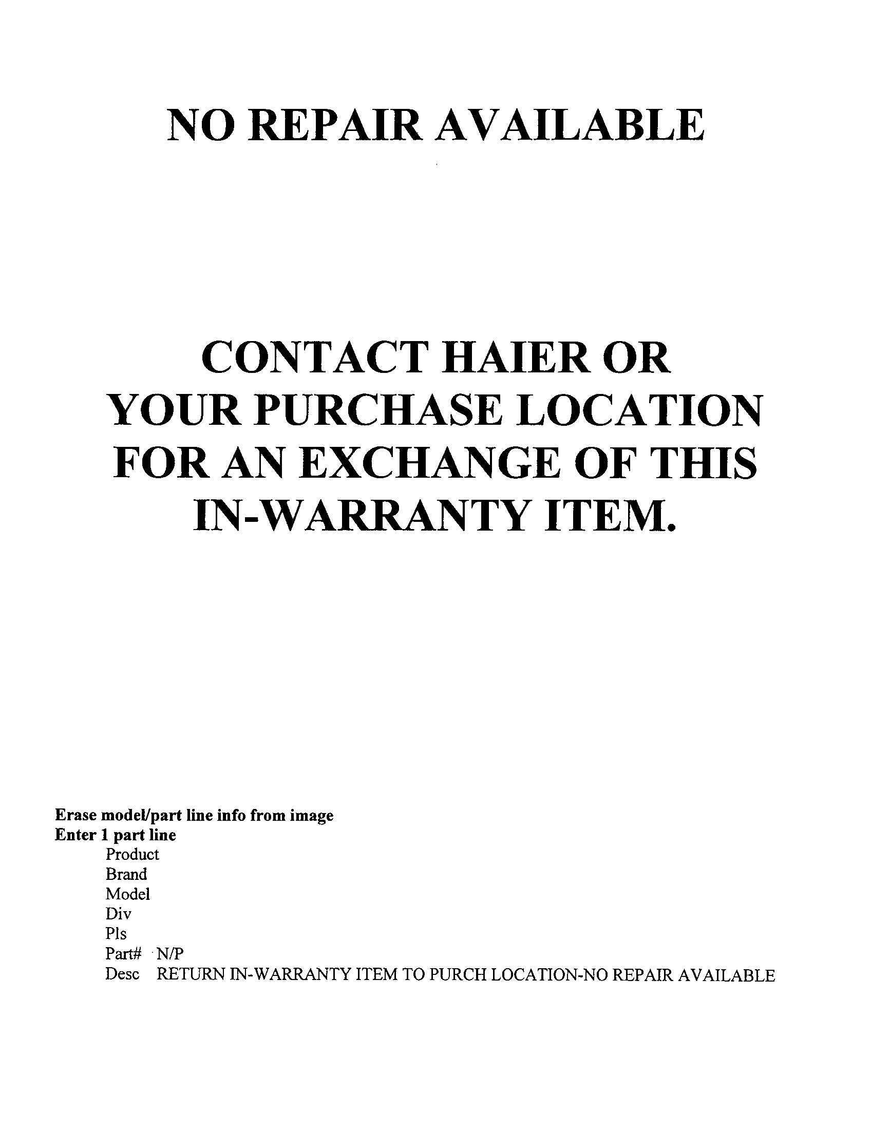 Haier AROY98 no repair available diagram