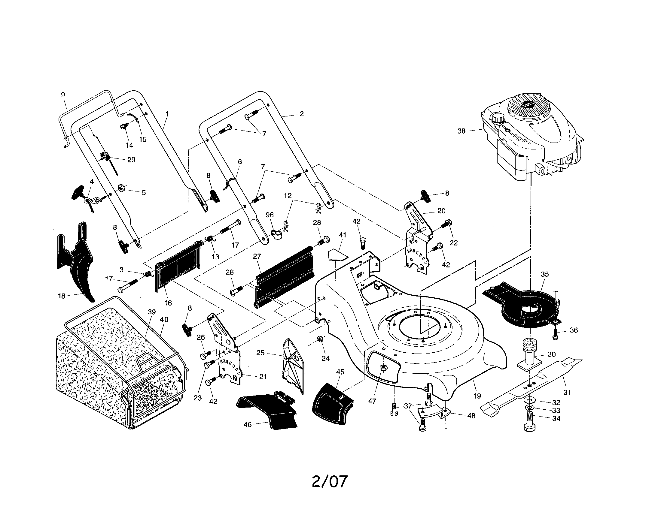Craftsman 917370532 handle/engine/housing/grassbag diagram