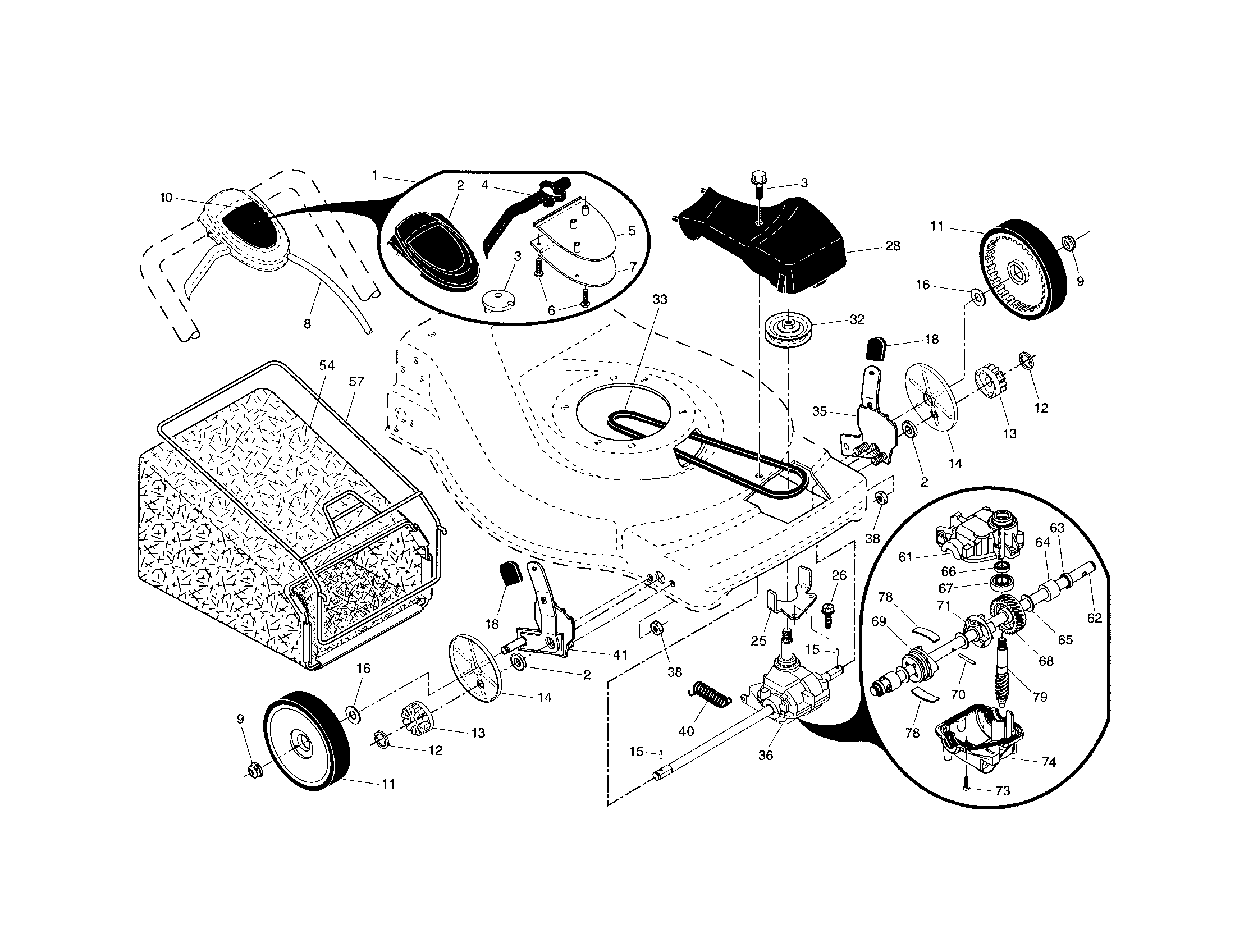 Husqvarna 917374421 drive control/gear case/wheels diagram