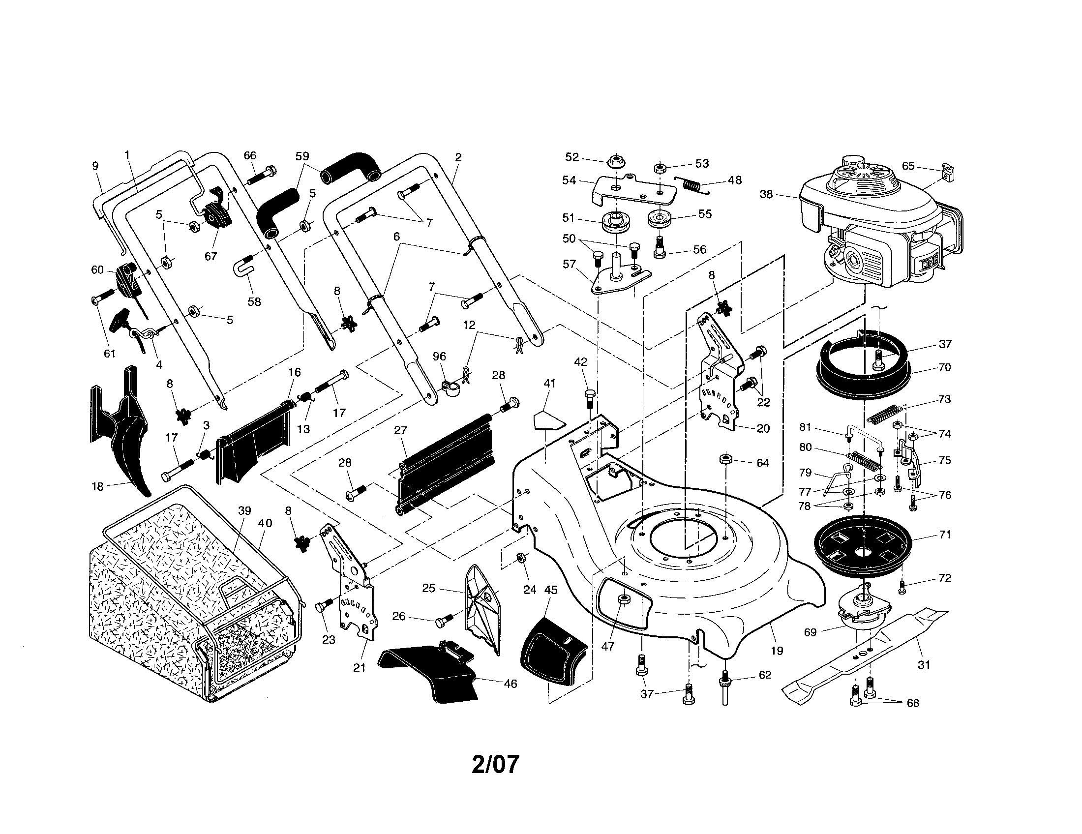 Craftsman 917377040 engine/housing/handle/grassbag diagram