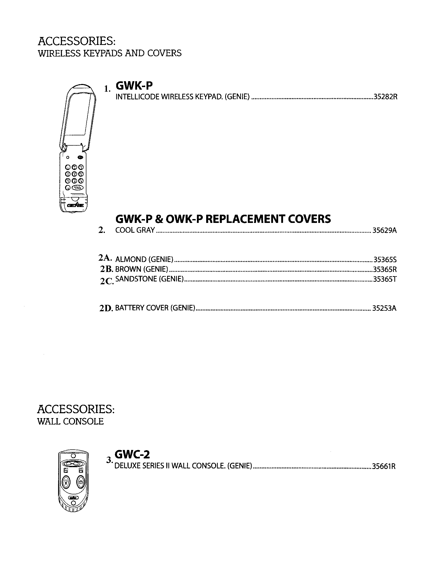 Genie 36280S keypads/covers/wall console accessories diagram