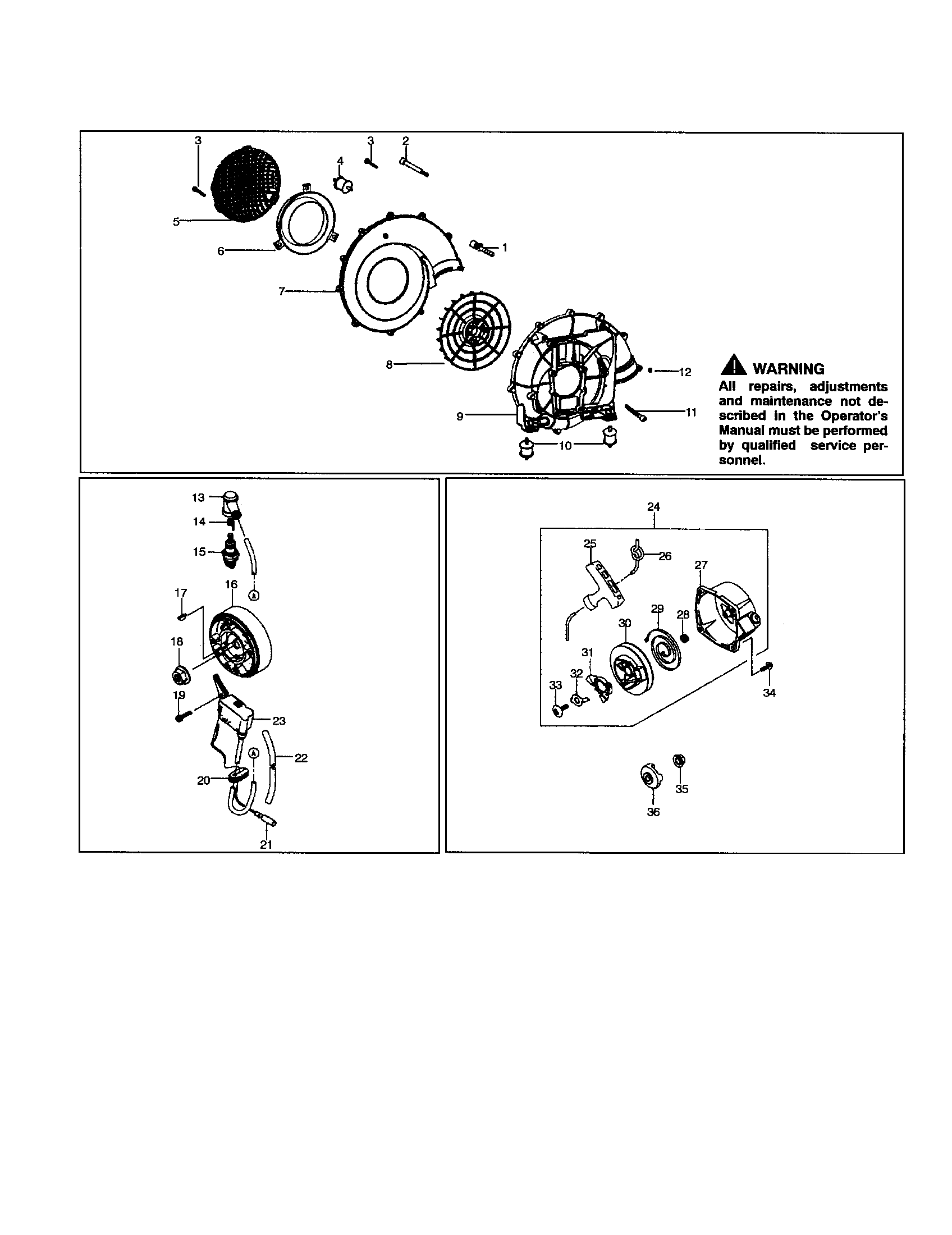 Poulan BP406 recoil starter/flywheel/fan case diagram