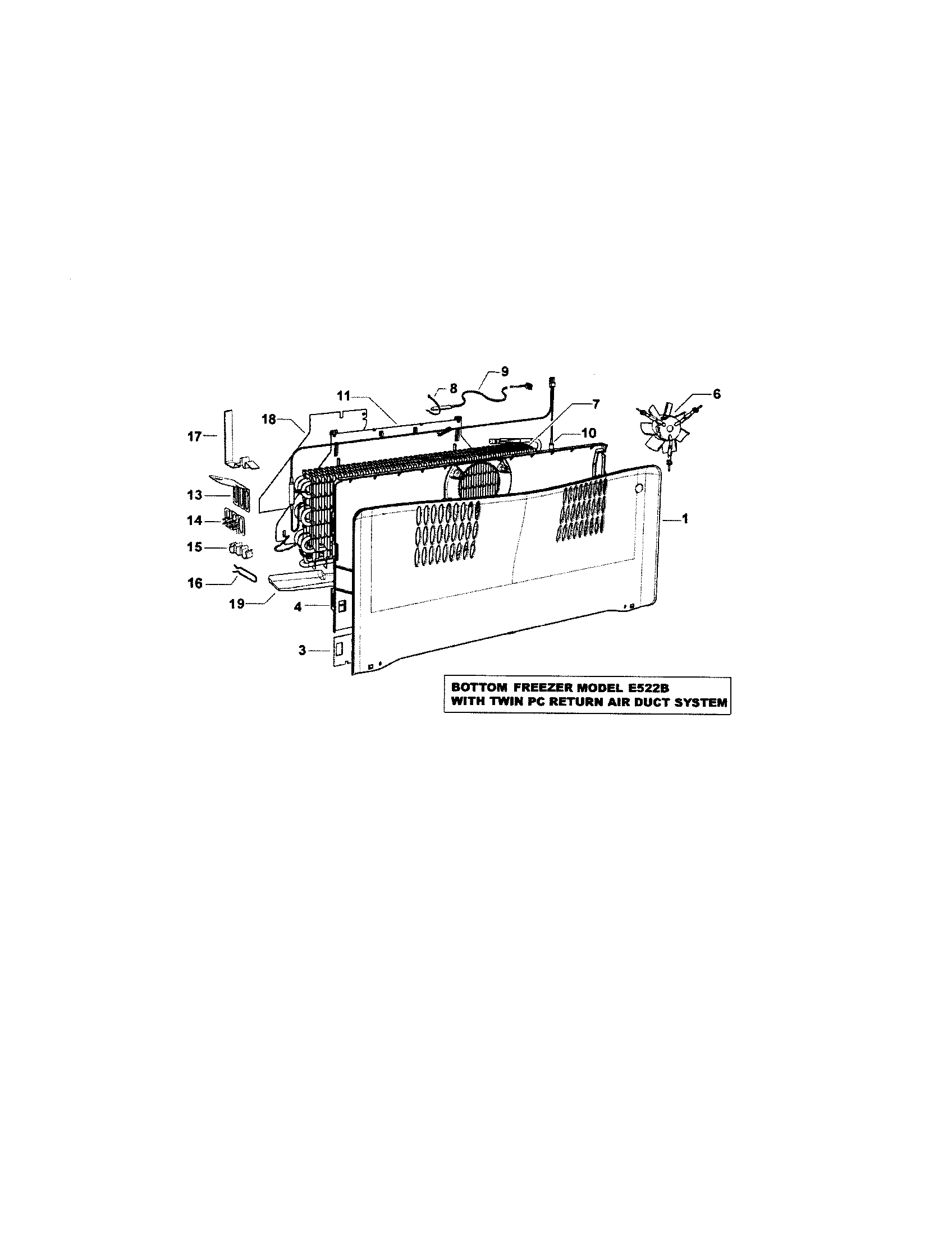 Fisher & Paykel E522BRM-21637A fan/covers/evaporator diagram