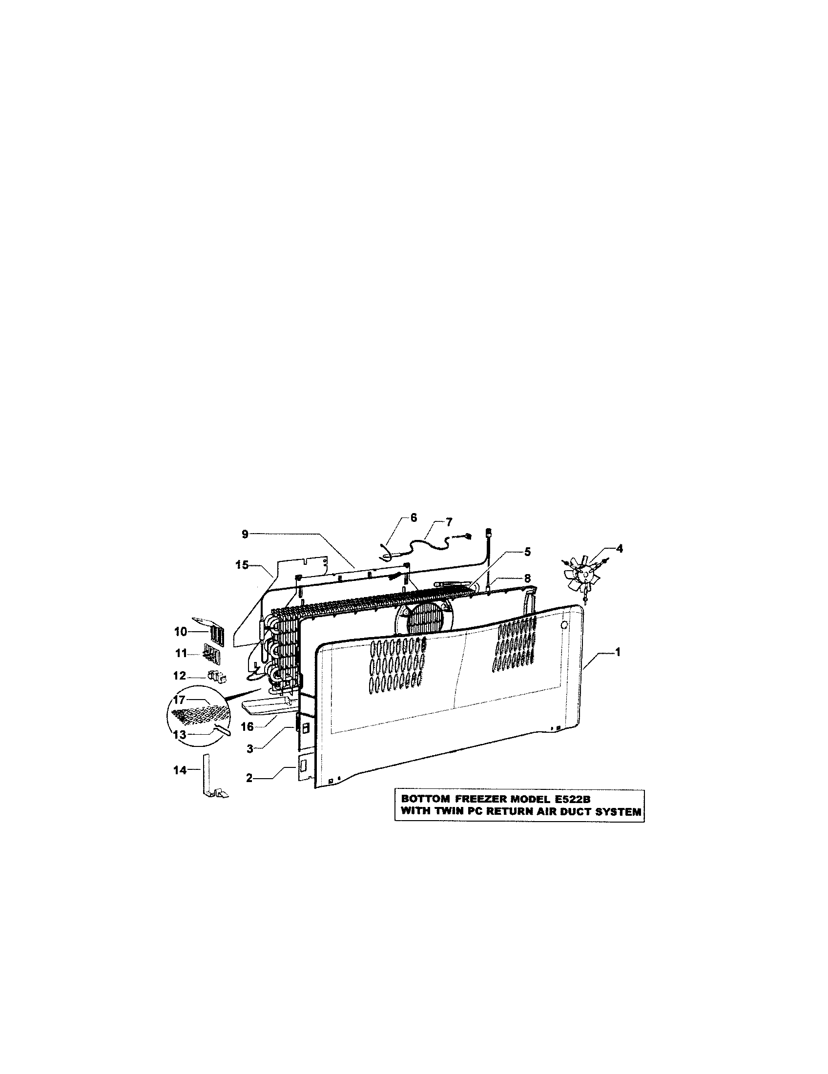 Fisher & Paykel E522BRT-21925A fan/covers/evaporator diagram