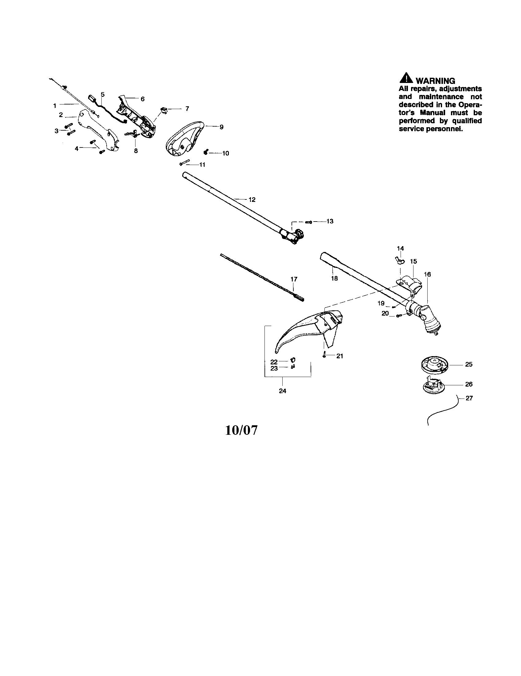 Poulan SM705 drive shaft/handle/shield diagram