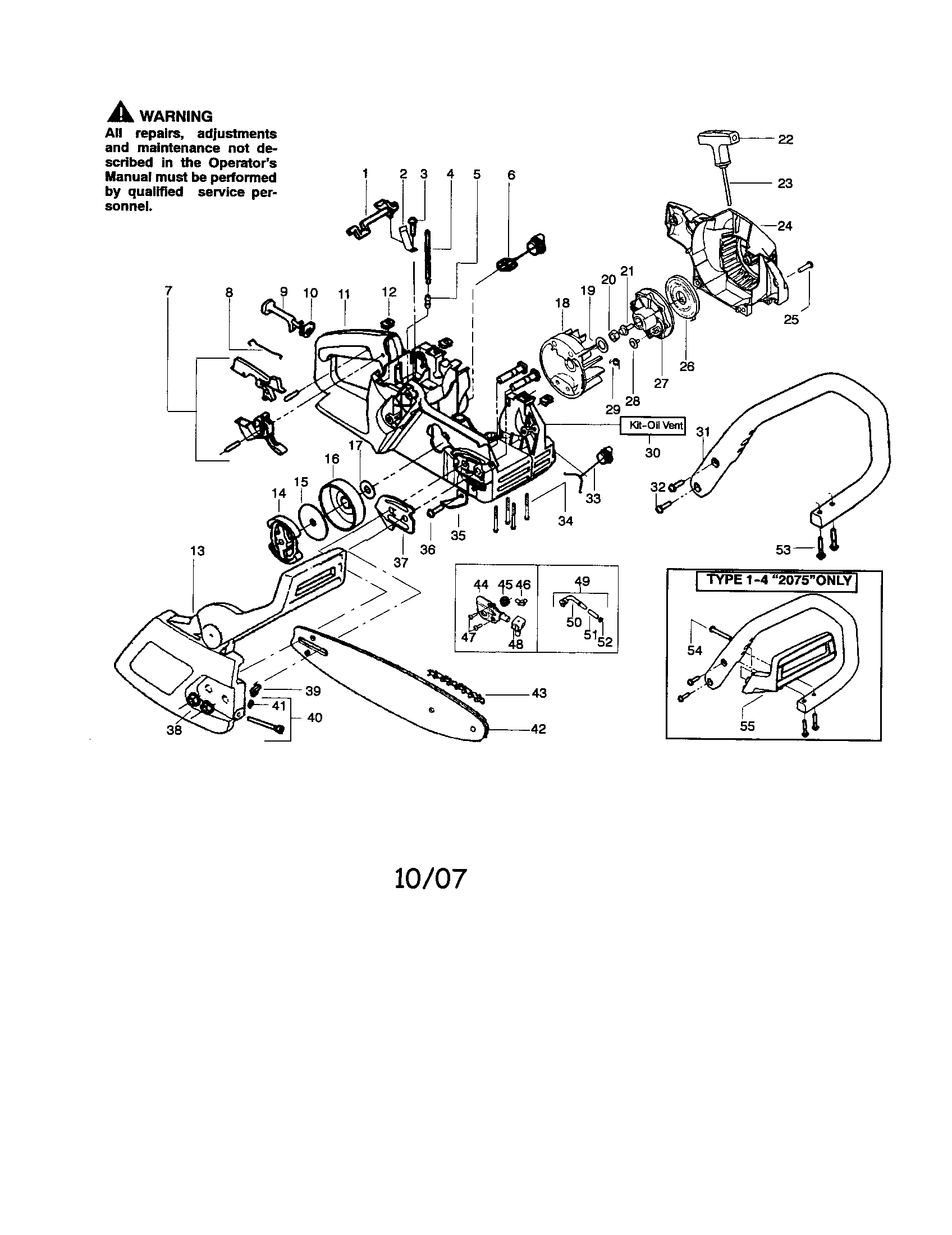 Poulan 2075C TYPE 1, 2, 3, 4 chassis/bar/handle diagram